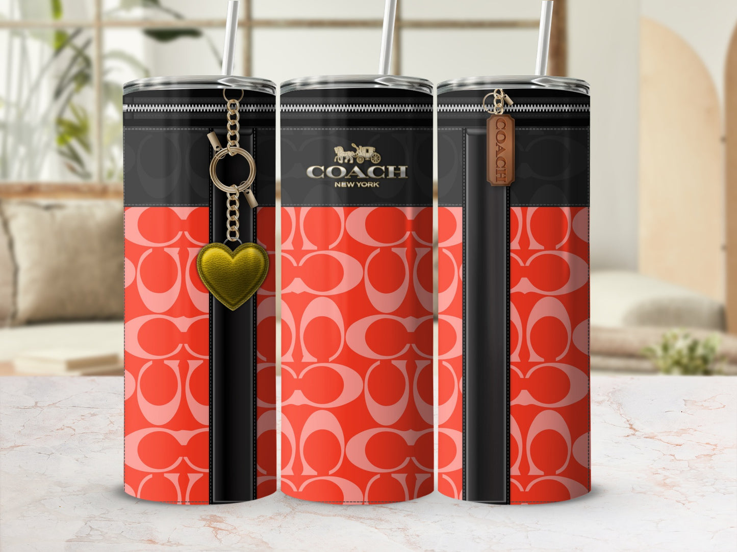 Red and Black Coach New York Tumbler with Heart Charm