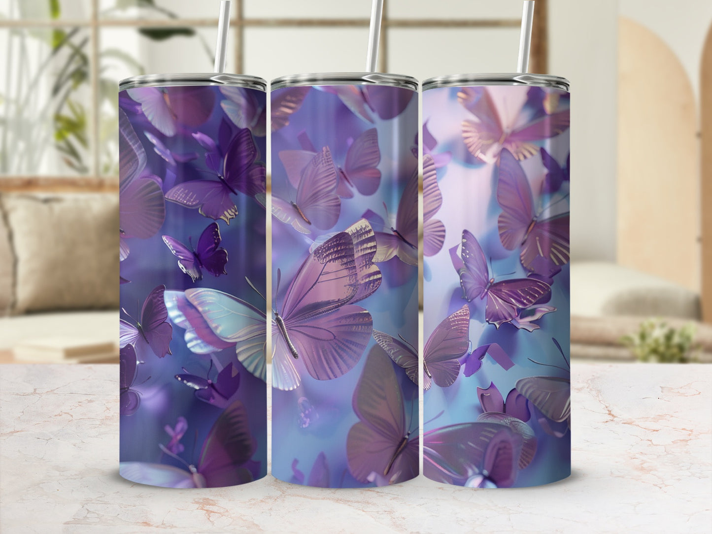 Three purple butterfly tumblers with straws on a marble counter.