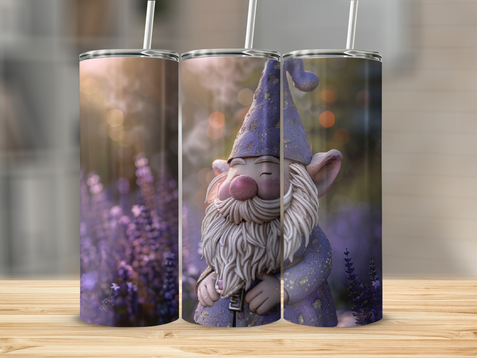 Tumbling gnome in lavender field, smiling.