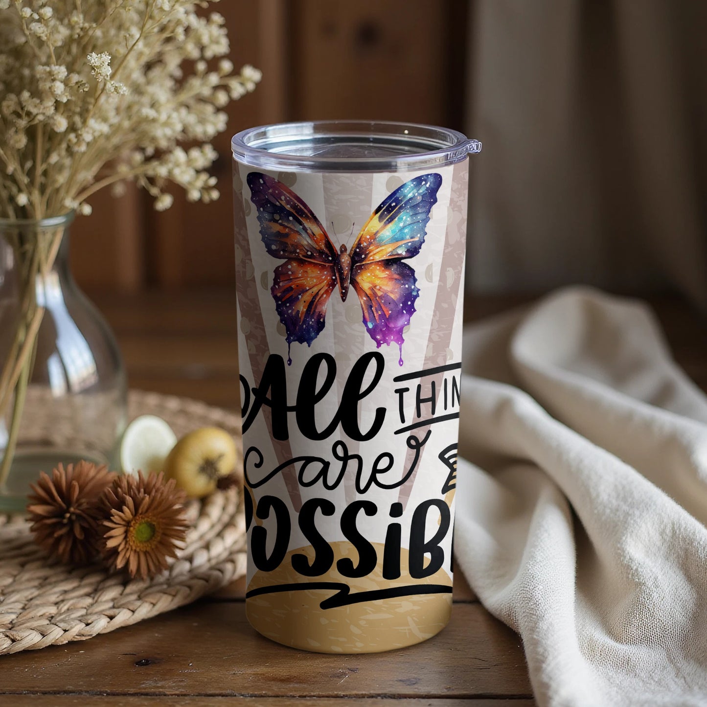 All Things are Possible Colorful Butterfly Tumbler