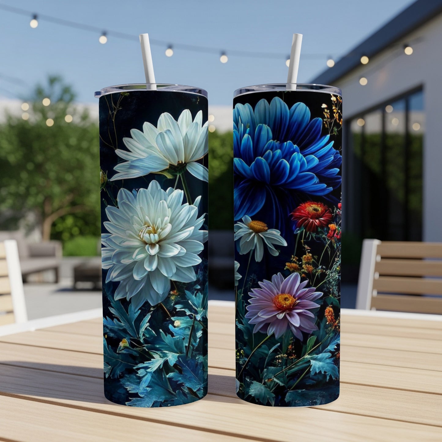 Two tall tumblers featuring white and blue dahlias with dark foliage.