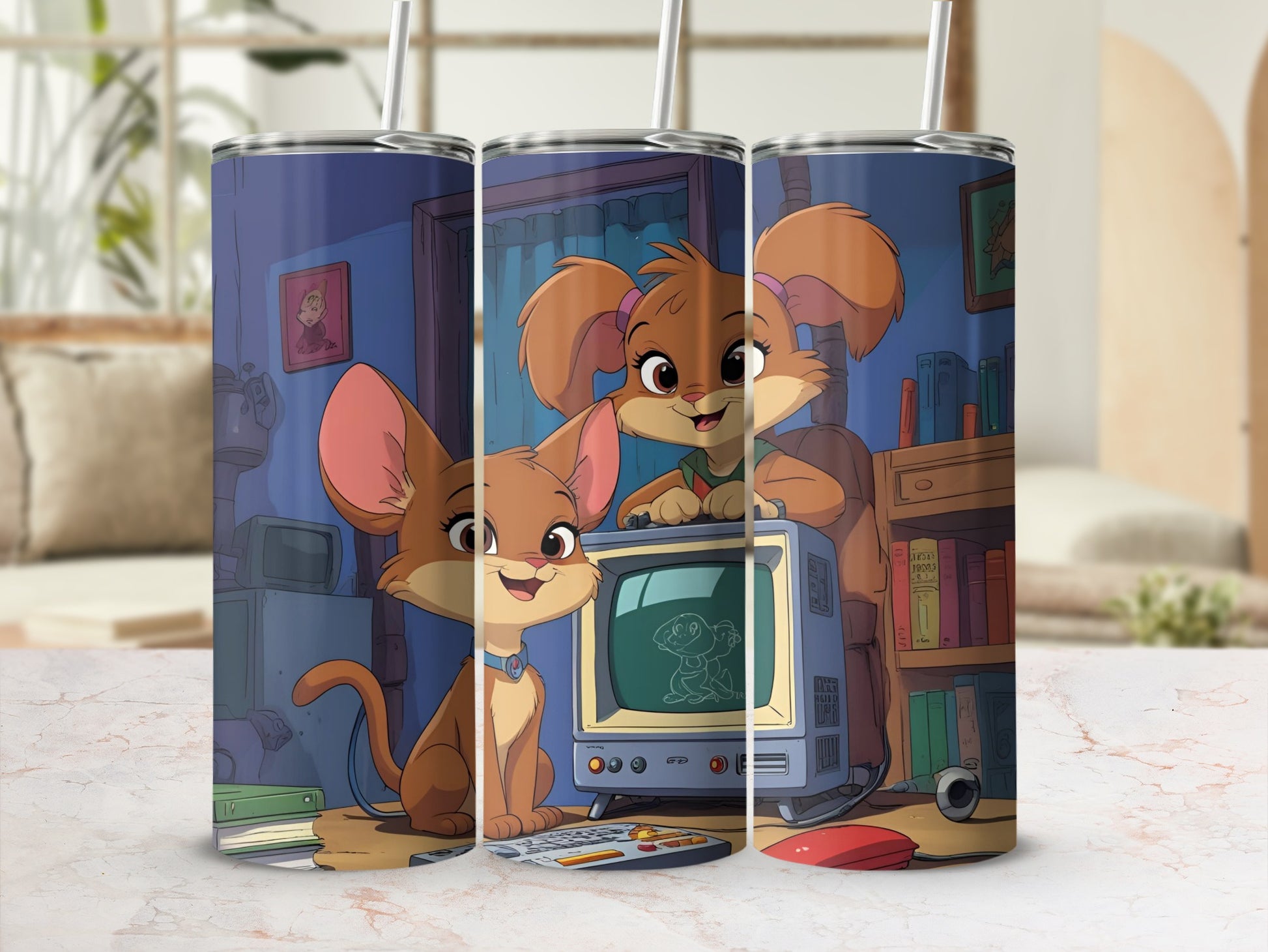 Cute Cartoon Pets with TV Scene Insulated Tumbler
