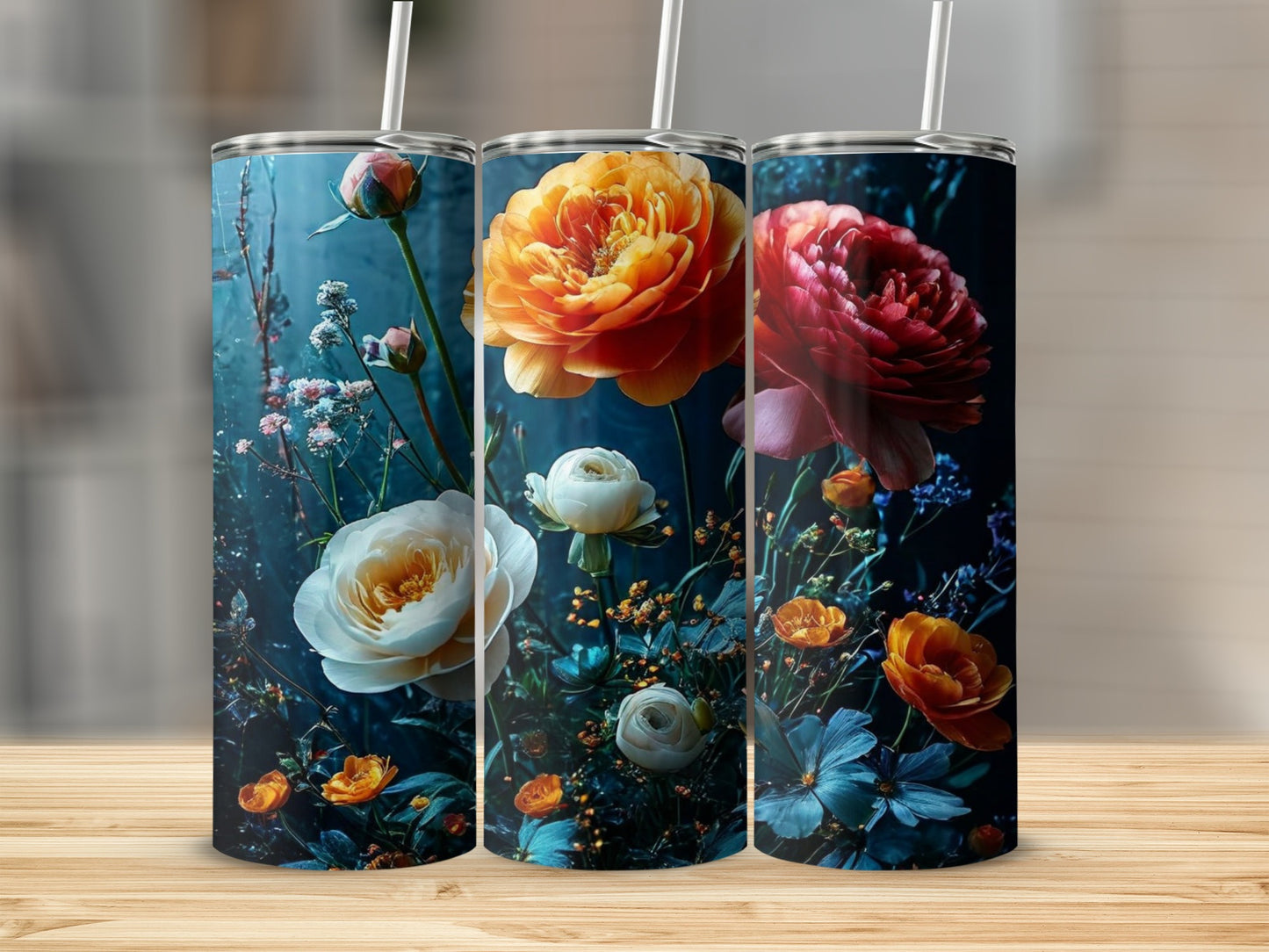 Three tumblers with floral designs featuring roses and blue flowers.