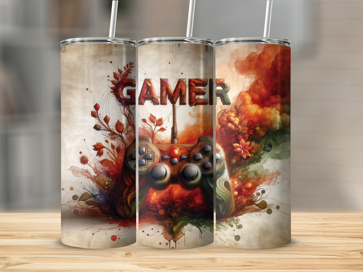 Gamer tumbler with controller and abstract colorful design.