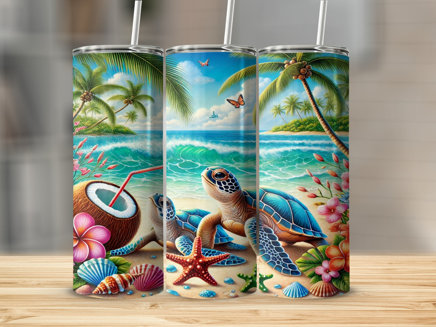 Tropical Beach Scene with Turtles Insulated Tumbler