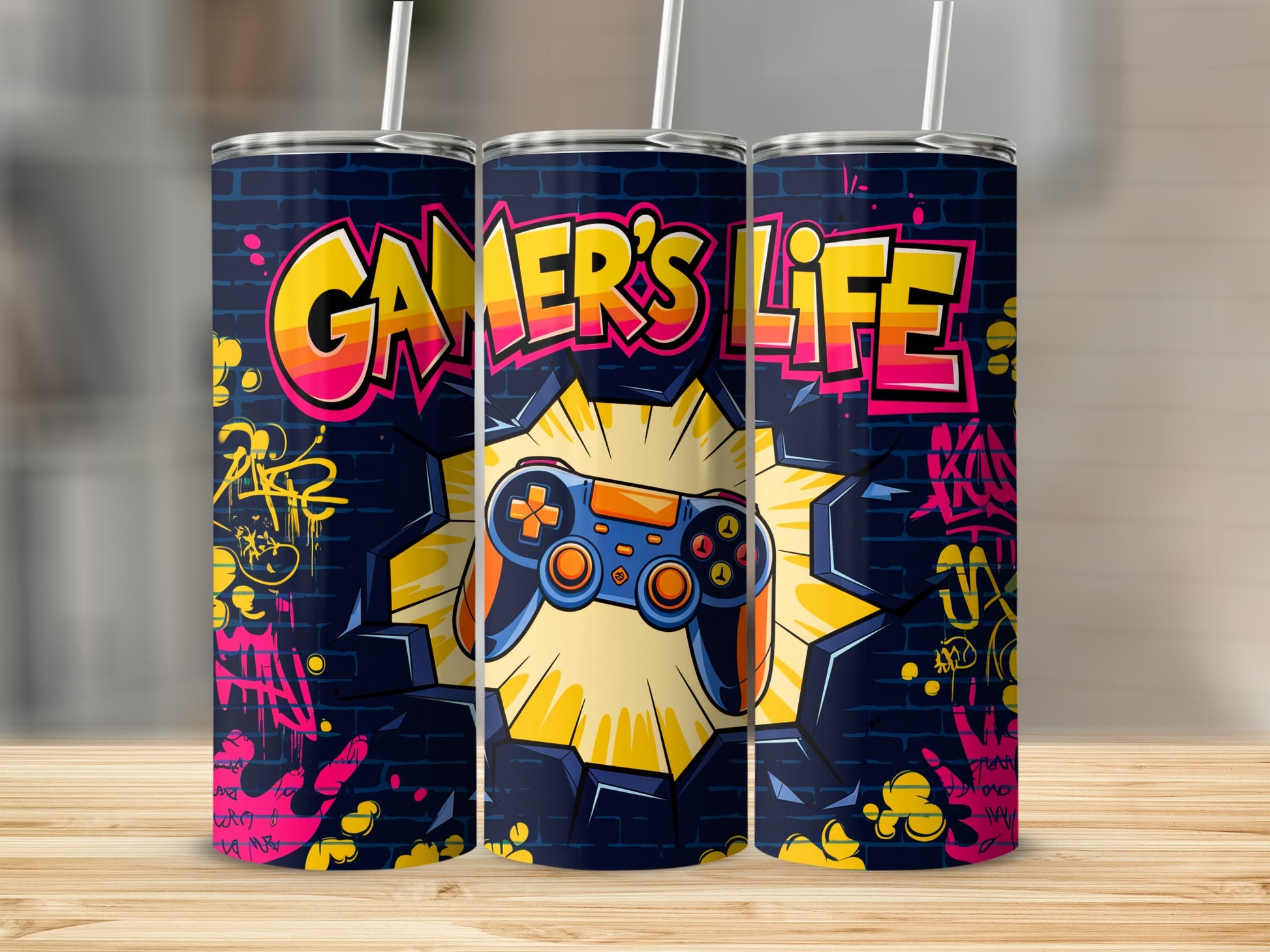 Gamer's Life tumbler with a video game controller and graffiti design.
