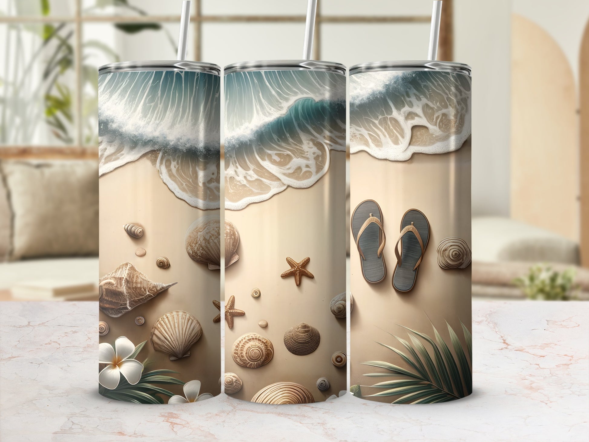 Three beach-themed tumblers with waves, seashells, and flip-flops on sand.
