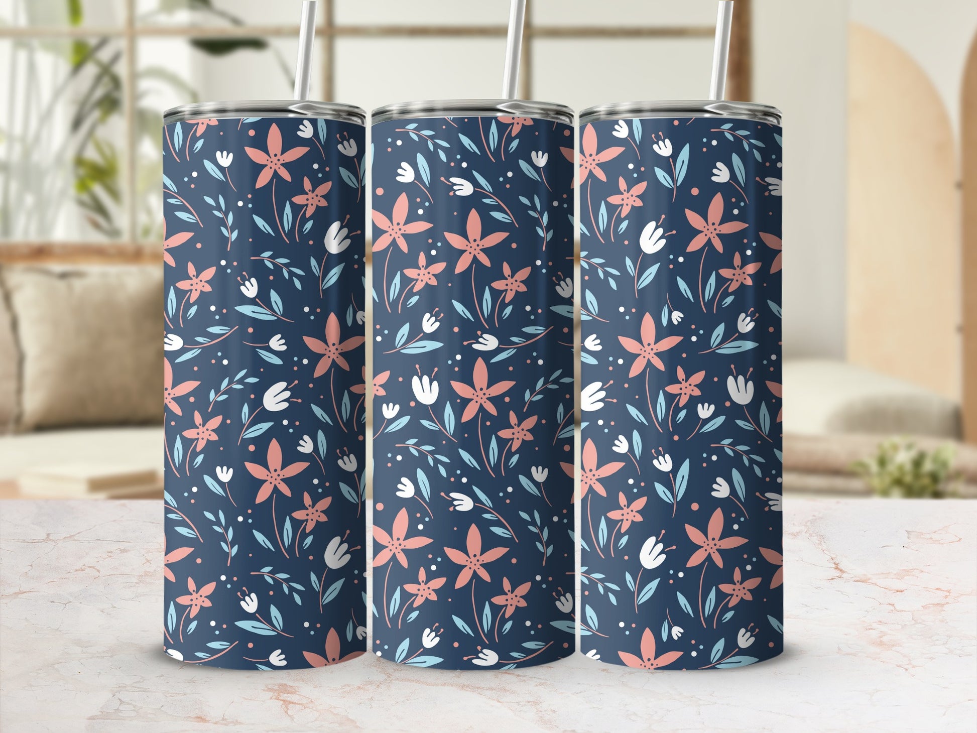 Floral Dark Blue and Pink Design Insulated Tumbler