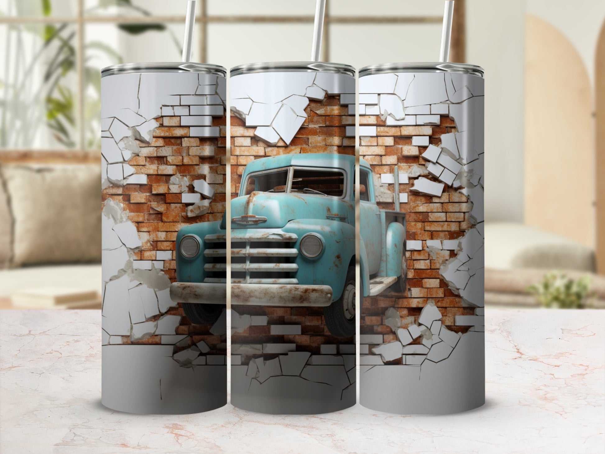 Vintage Truck Crashing Through Brick Wall Design Tumbler