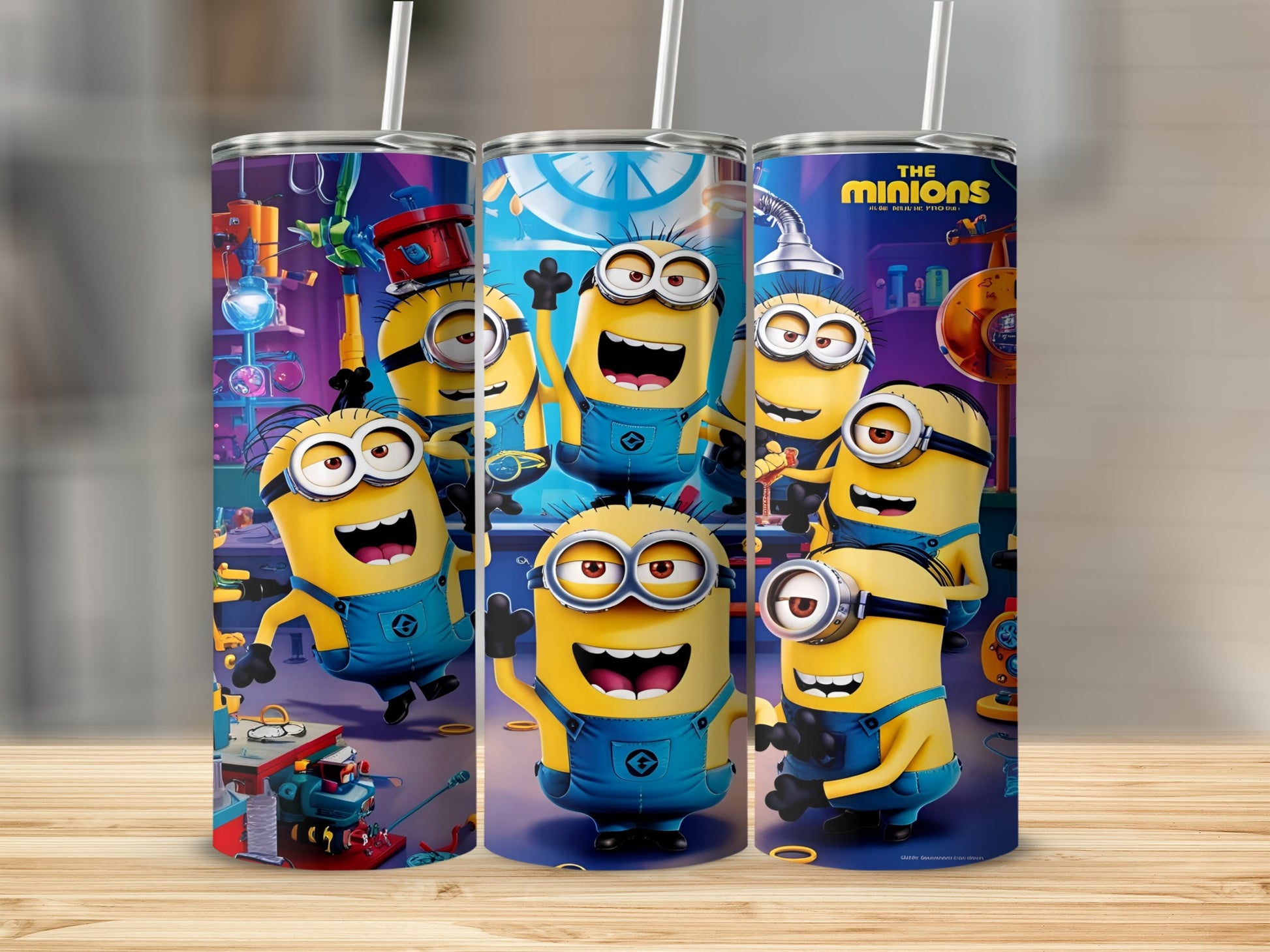 Minions characters with goggles and overalls holding tools in a workshop.