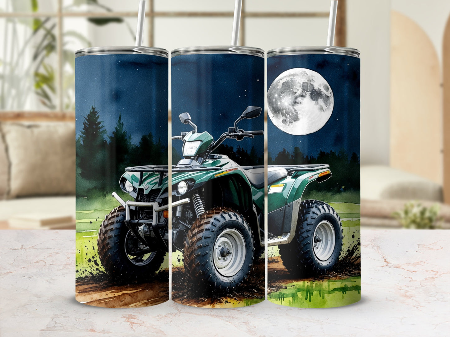 Green ATV driving through mud under a large full moon.