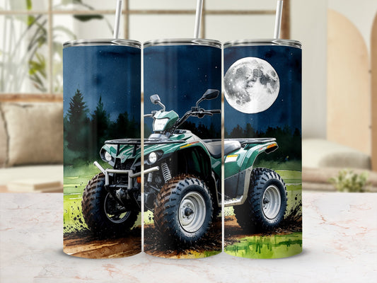 Green ATV driving through mud under a large full moon.