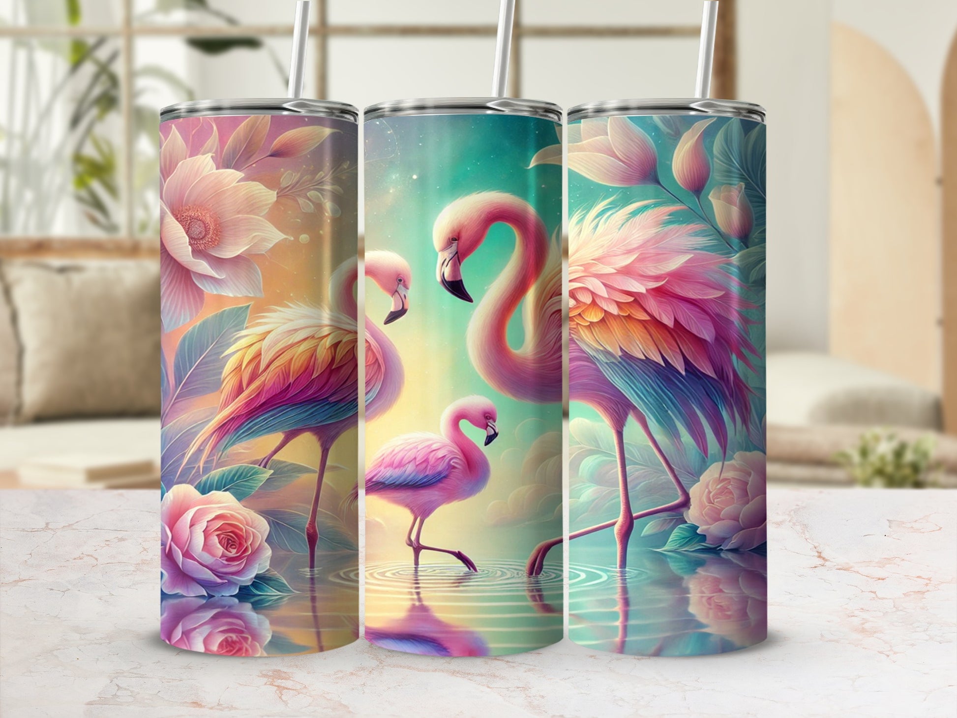 Vibrant Floral and Flamingo Art Tumbler Set