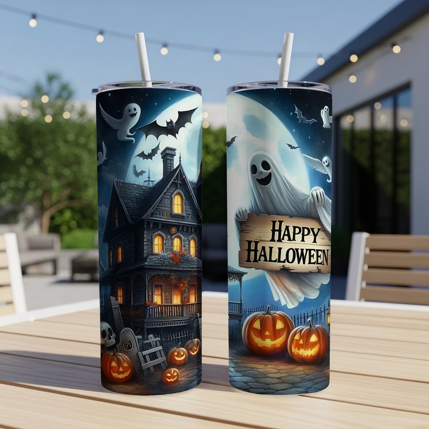 Two tumblers with Halloween designs: a haunted house and a ghost holding a "Happy Halloween" sign.