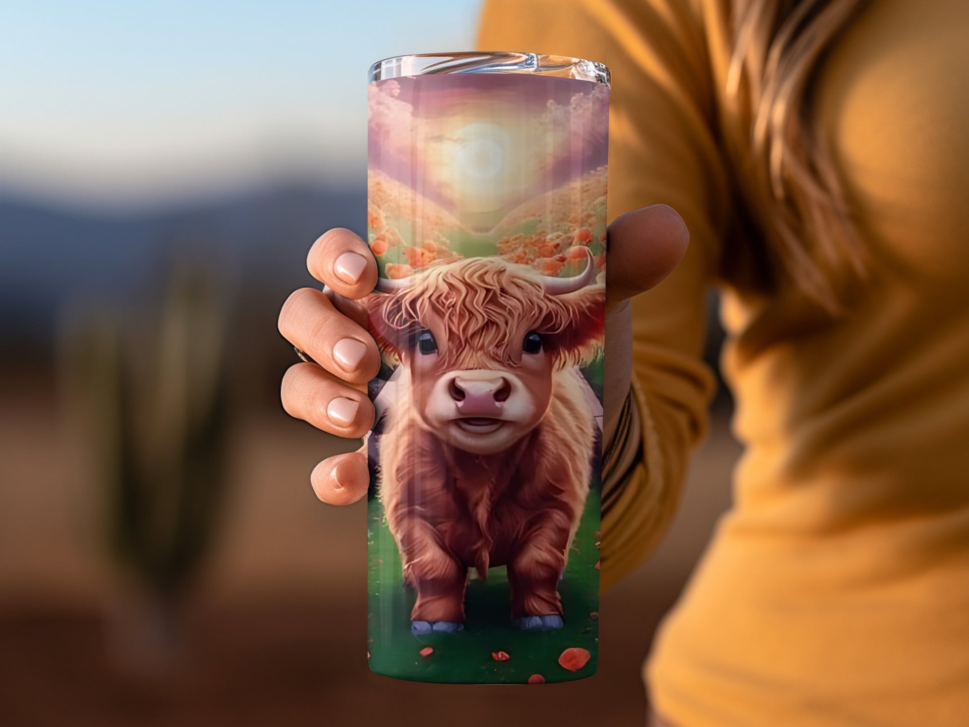 Cute Highland Cow Art Tumbler with Scenic Background