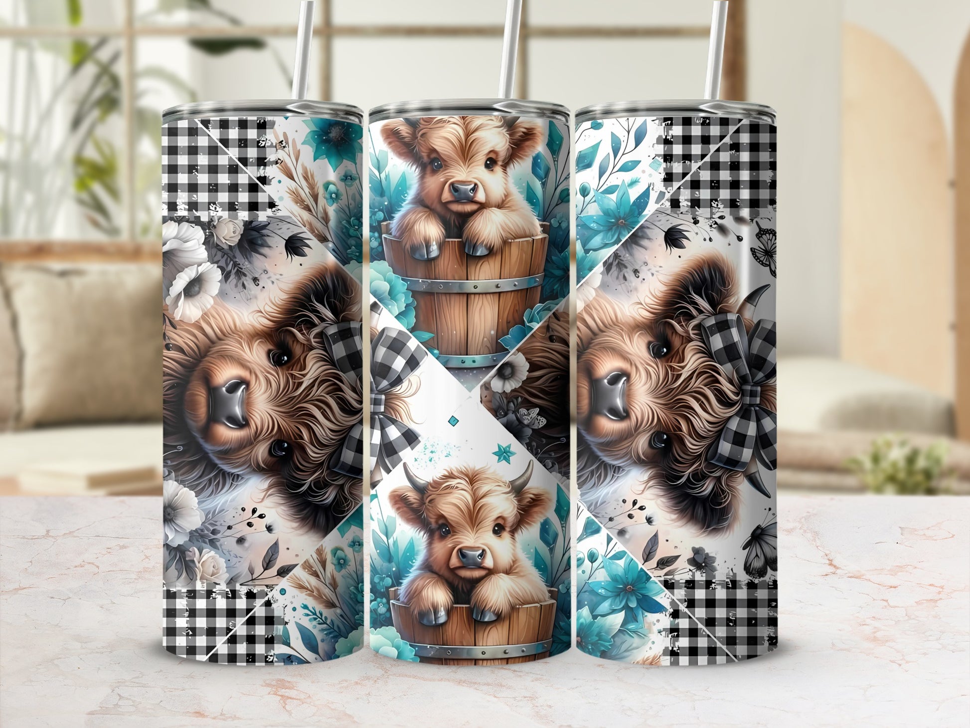 Adorable Highland Cow Design Tumbler Cup with Straw