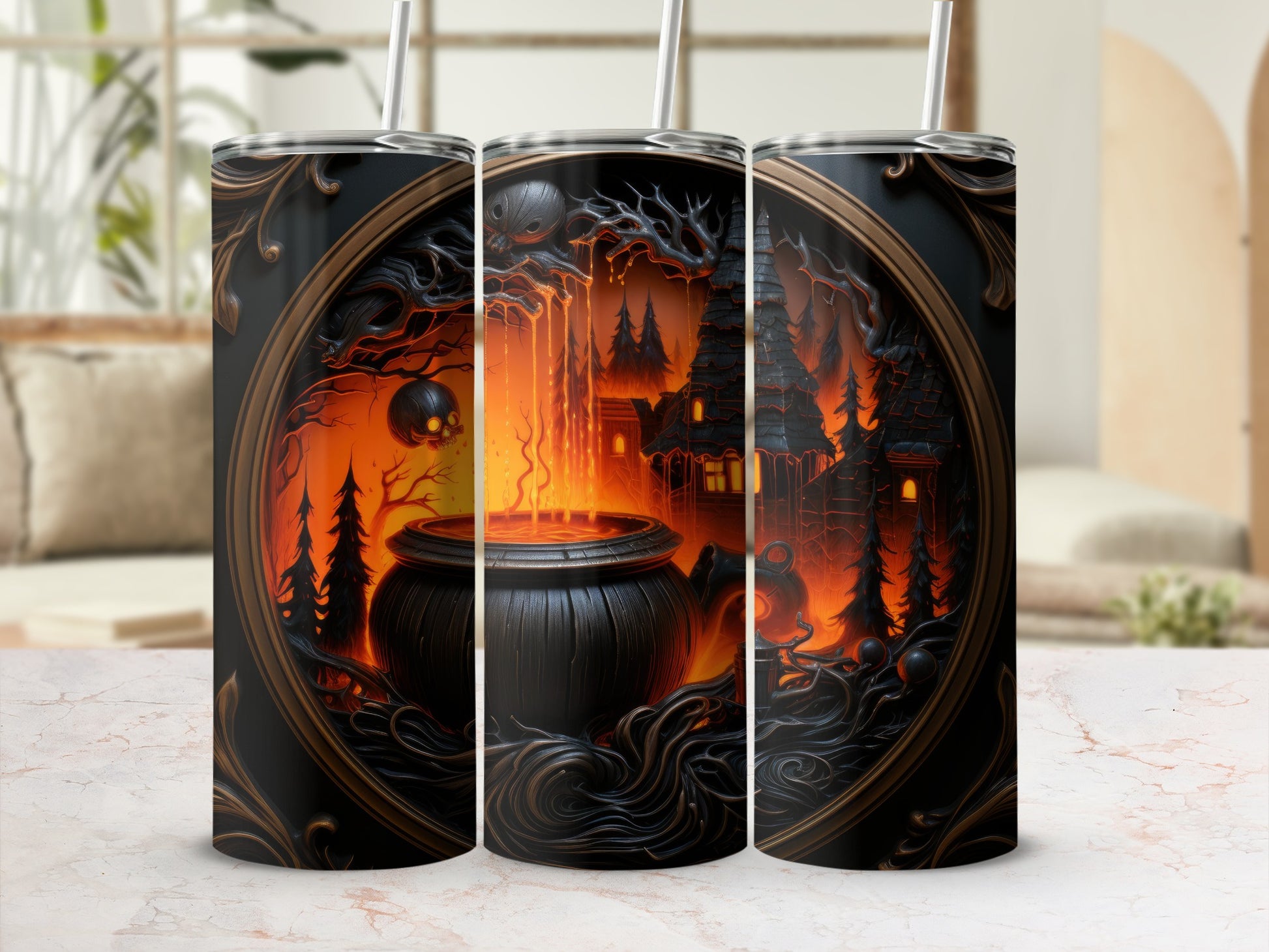 Tumblers featuring a spooky Halloween scene with a cauldron, witch's hat, and skull.