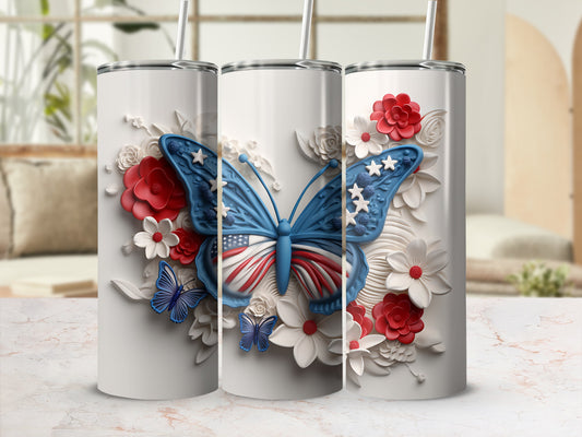 White tumblers with butterfly and American flag design, floral accents.