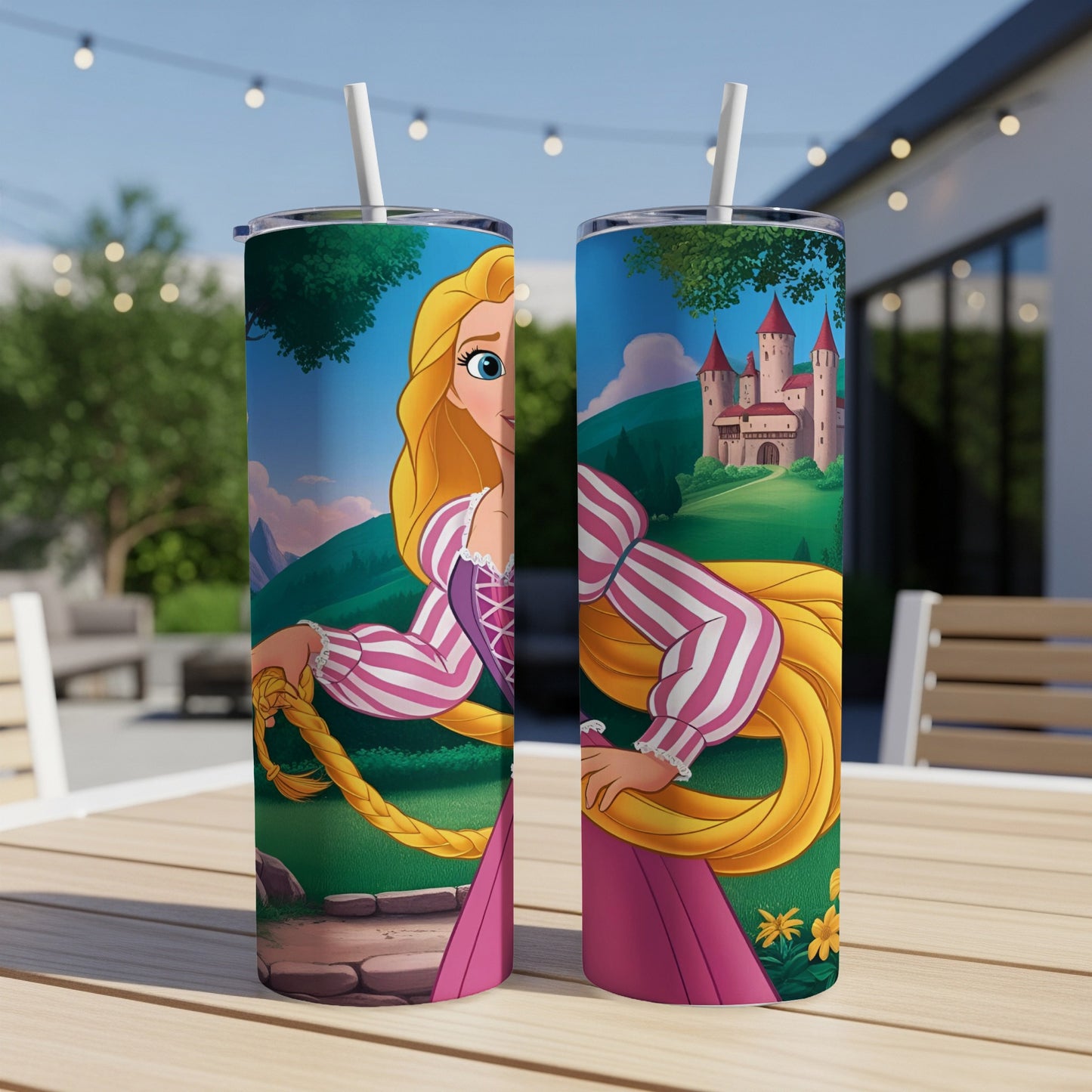 Rapunzel with long blonde hair on a pink and white tumbler.