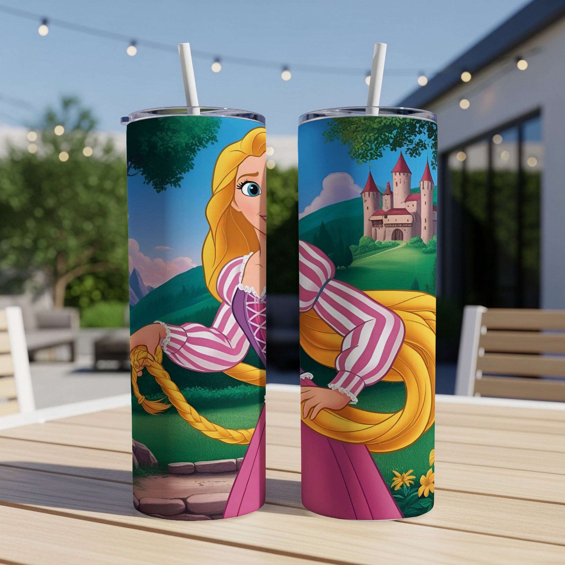 Rapunzel with long blonde hair on a pink and white tumbler.