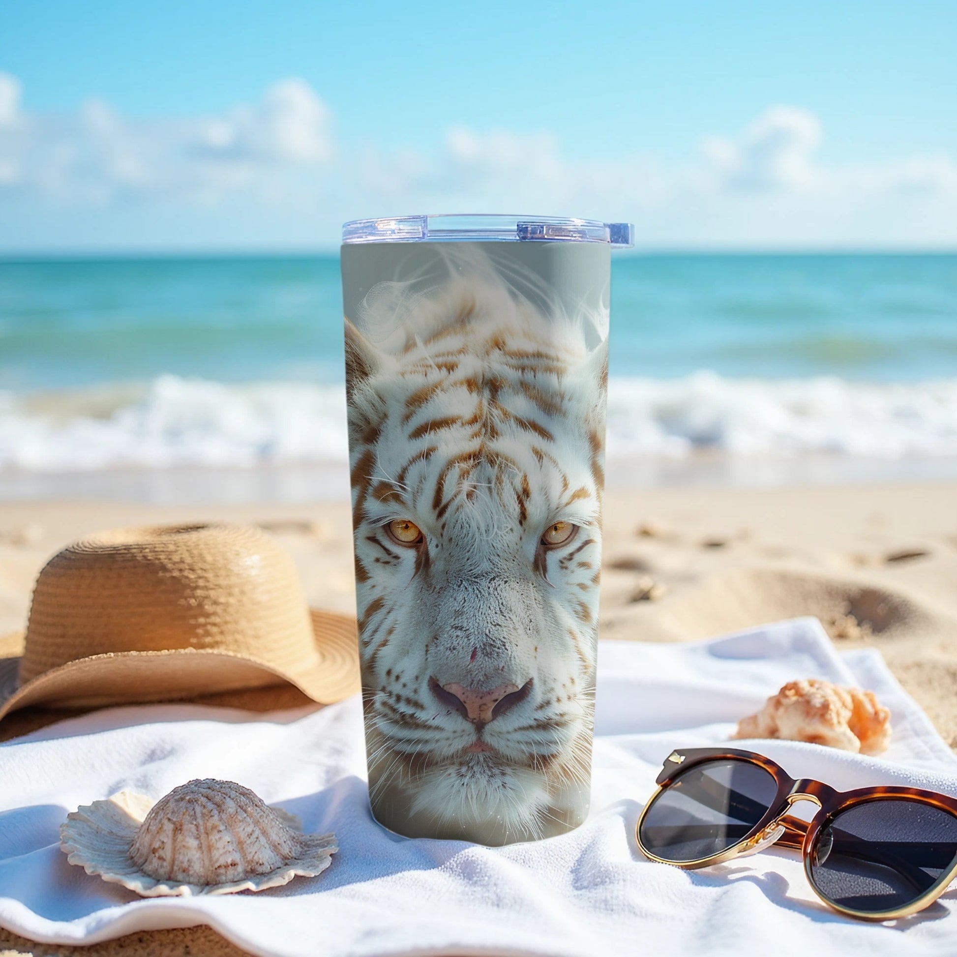 White Tiger Face Ocean Beach Scene Tumbler product type
White Tiger, Tiger Face, Animal Print, Big Cat, Wild Animal, Tumbler, Travel Mug, Insulated Cup, Drinkware, Beverage Holder, Beach Themed, Ocean View, Summer Vibes, Vacation Essential, Tropical Design, Sand Beach, Coastal Life, Unique Gift, Nature Inspired, Safari Vibe