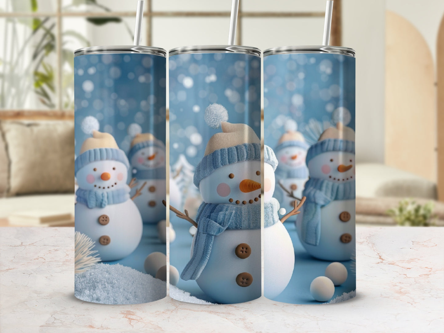 Three snowmen wearing hats and scarves on a snowy background with bokeh lights.
