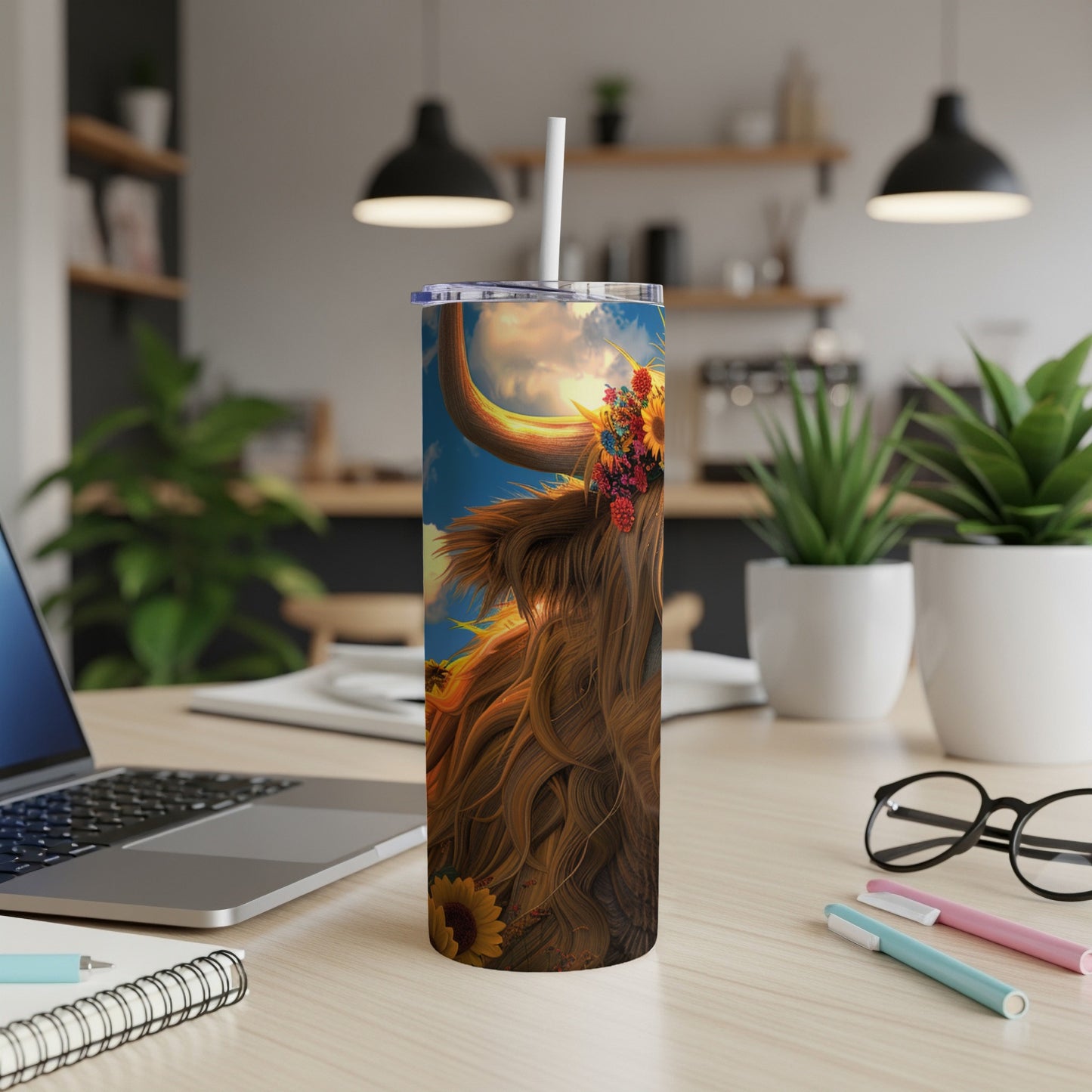 Highland cow tumbler with floral crown on desk with laptop.