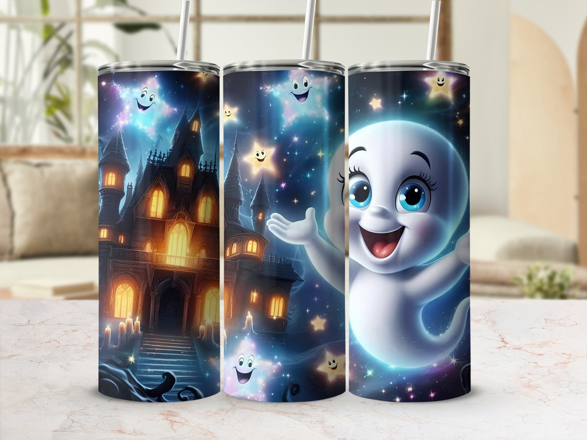 Three tumblers with a spooky haunted house and Casper the Friendly Ghost design.
