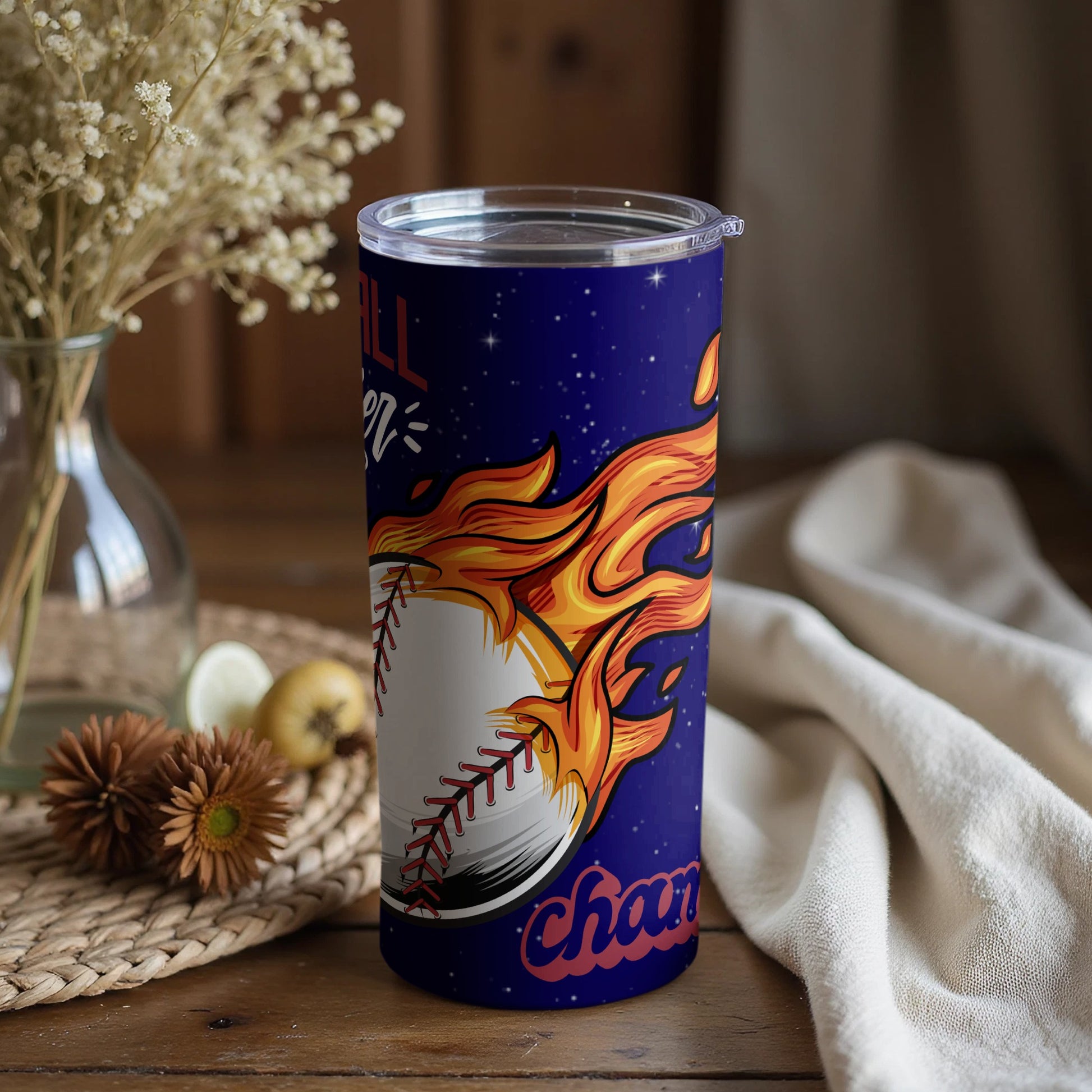 Fiery Baseball Design Tumbler perfect for champions