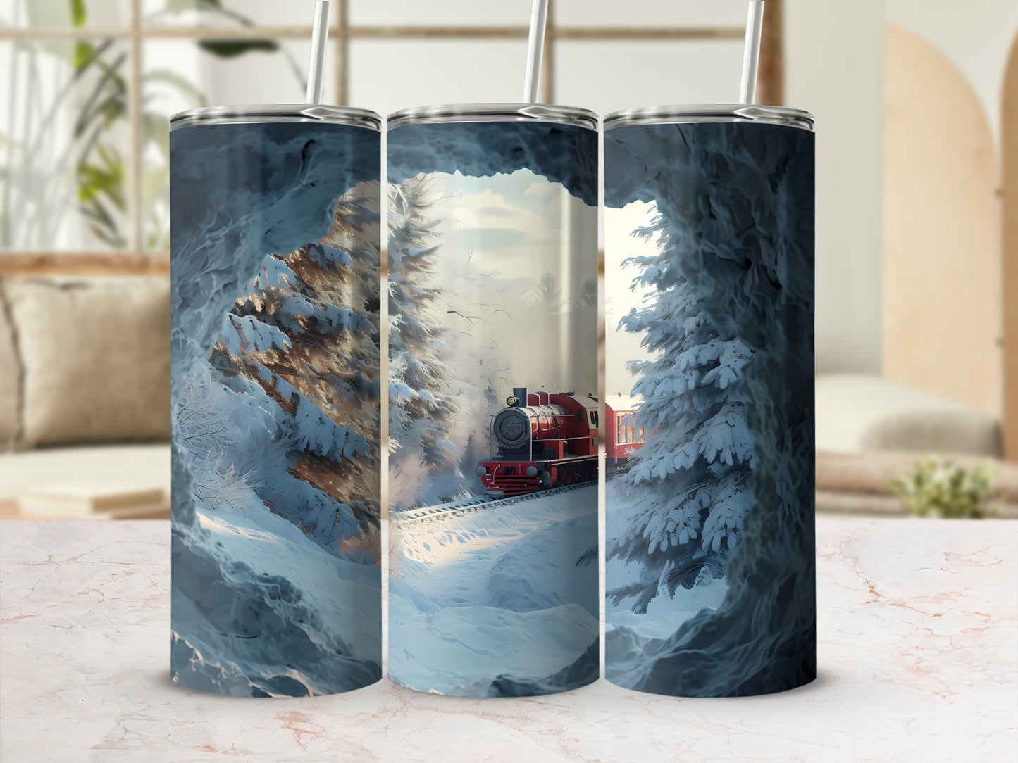 Snowy forest scene with red train on tracks and birds in sky.