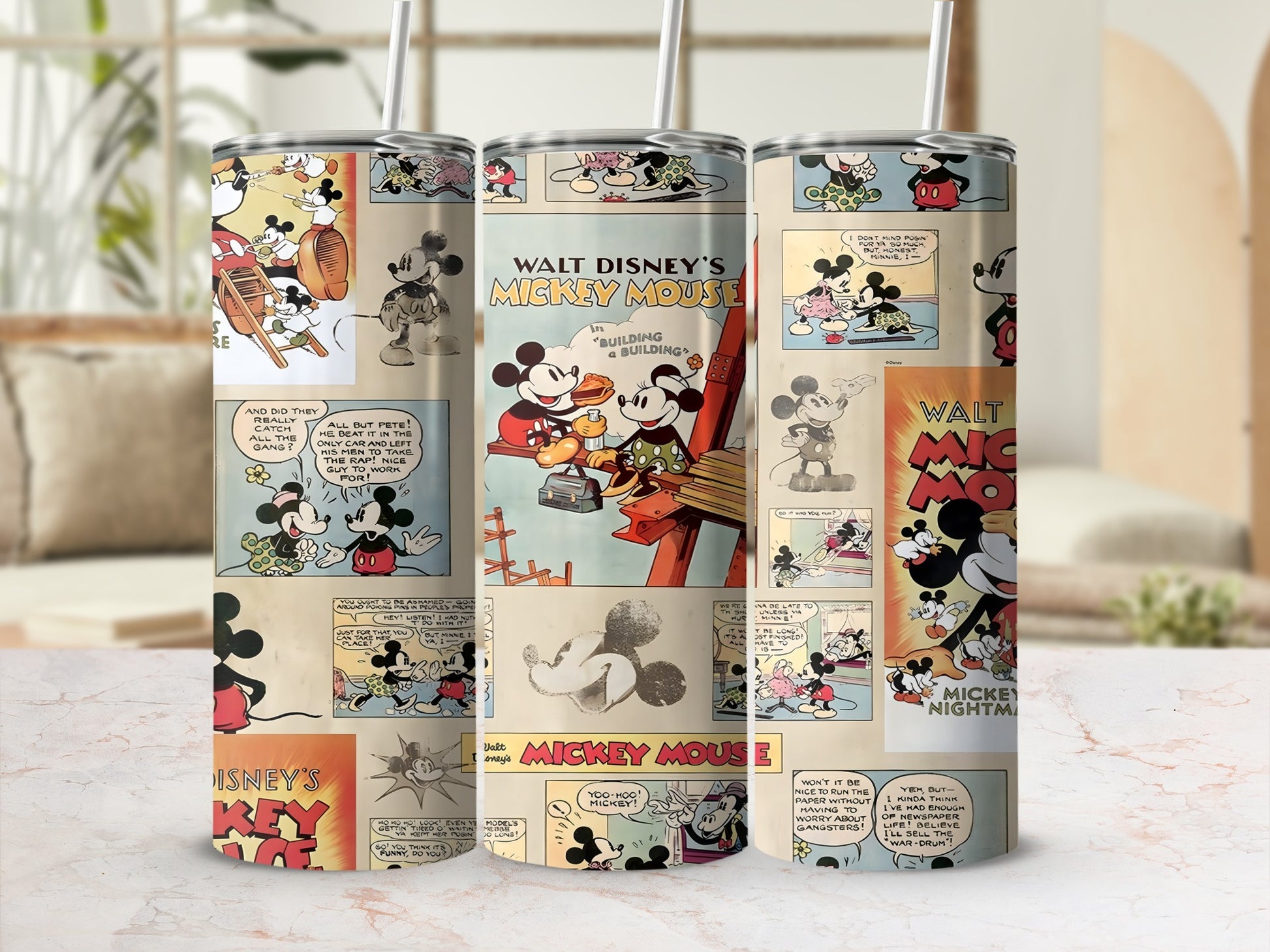 Mickey Mouse and Pluto building a house, with comic strip panels.