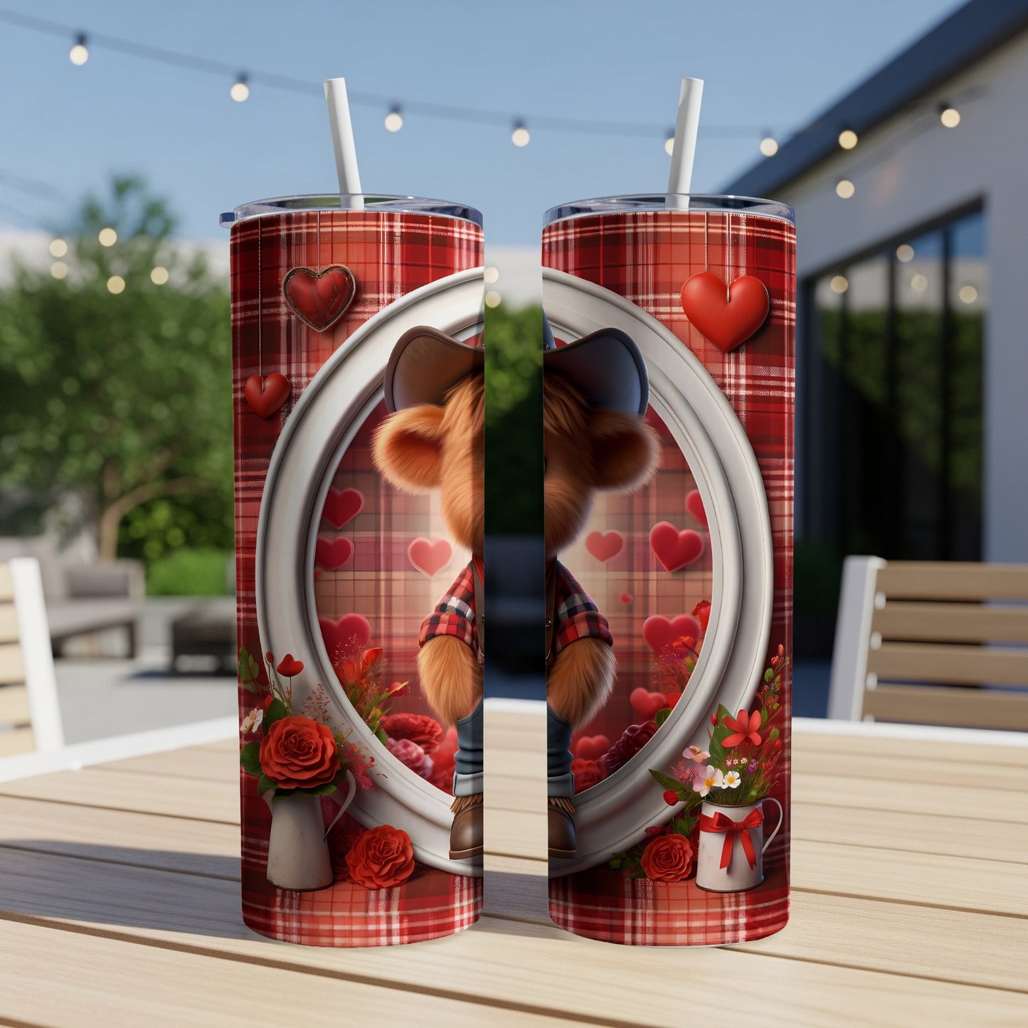 Bear with cowboy hat and hearts on plaid tumbler.