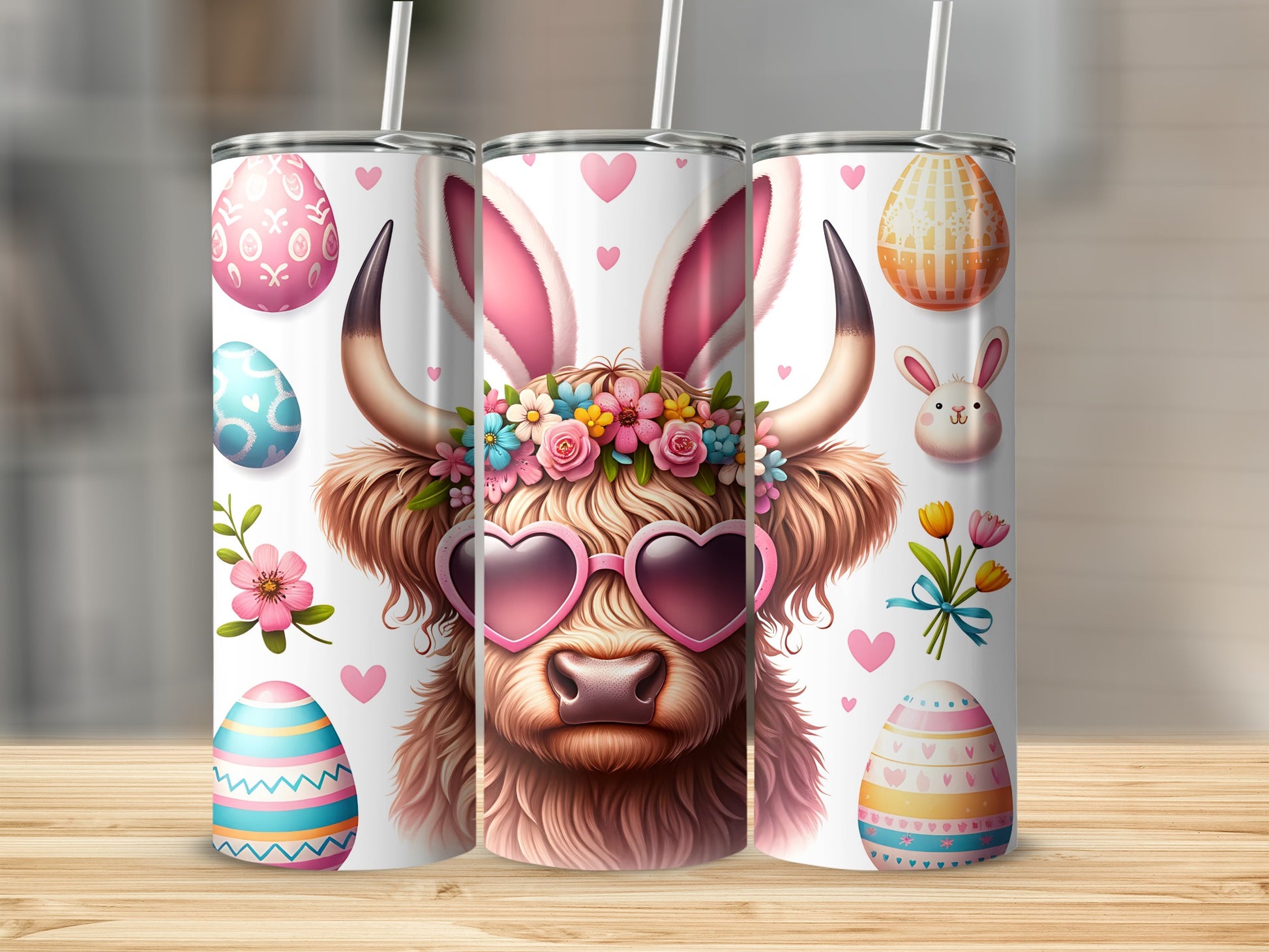 Cow with bunny ears and heart sunglasses, Easter eggs, flowers, and tulips.
