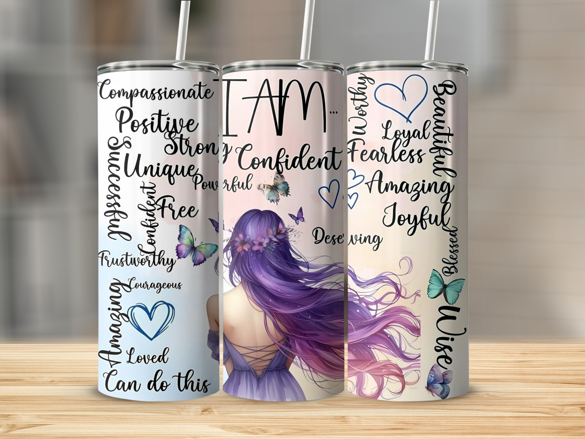 I AM Affirmations Purple Hair Girl Design Tumbler