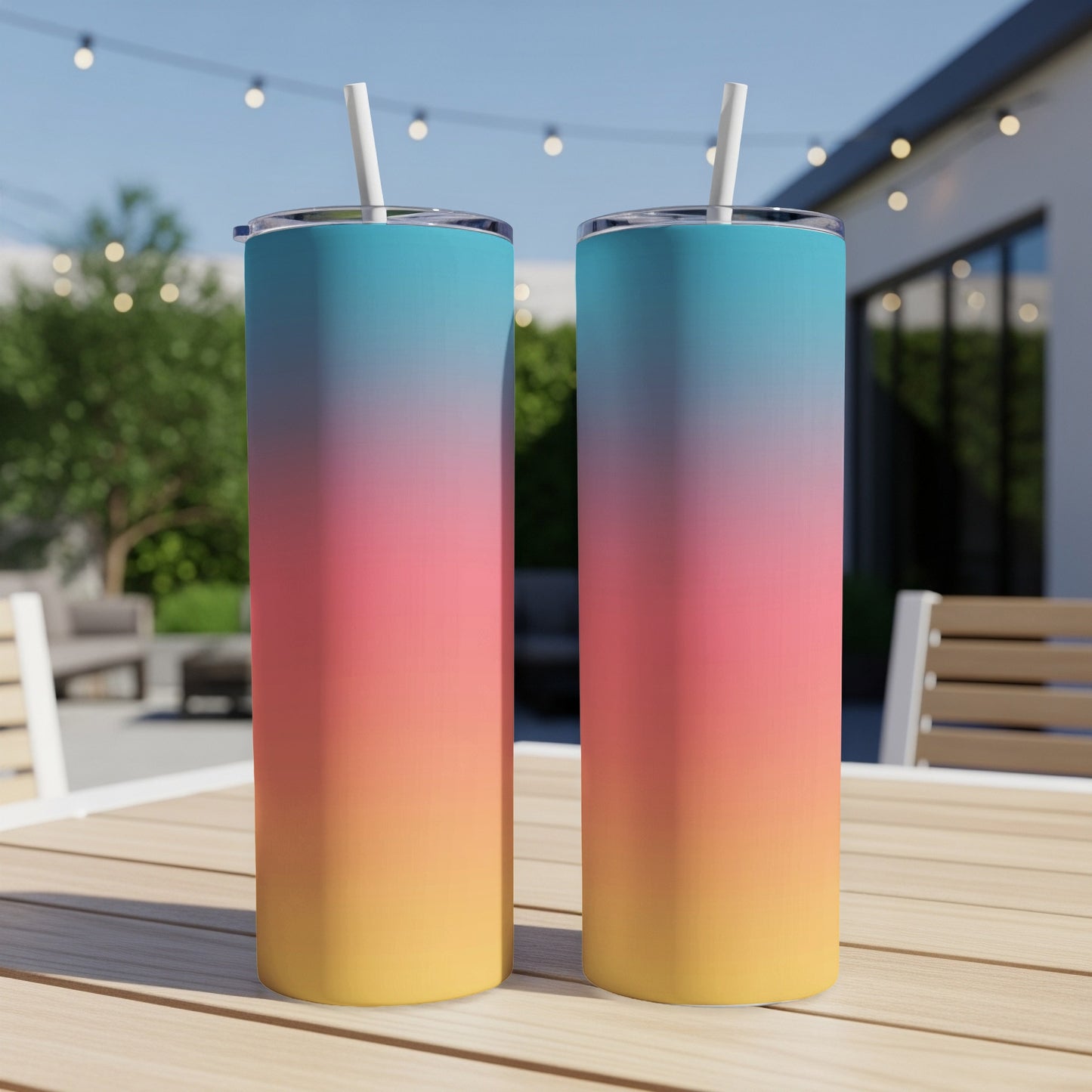 Two tall, skinny tumblers with a gradient of blue, pink, and yellow, sitting on a wooden table.