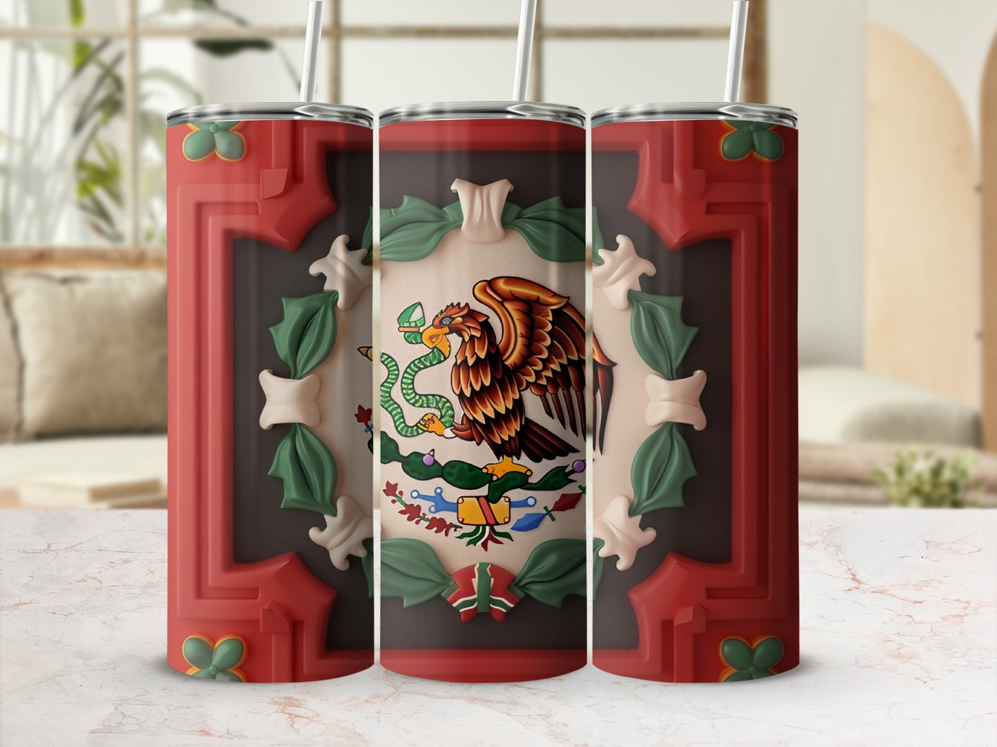 Three tumblers with the Mexican coat of arms against a blurred background.