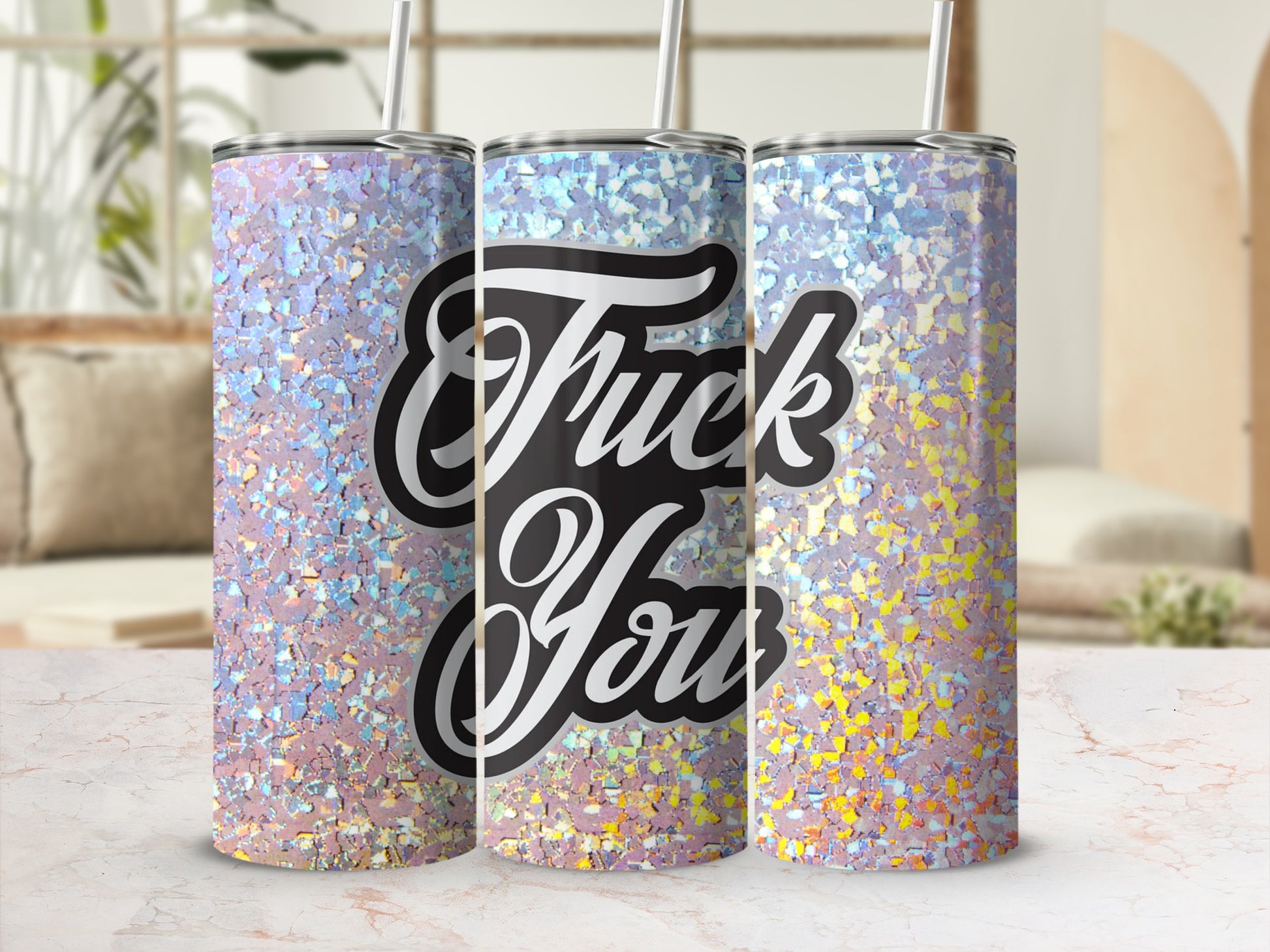 Glitter Holographic Fuck You Design Insulated Tumbler