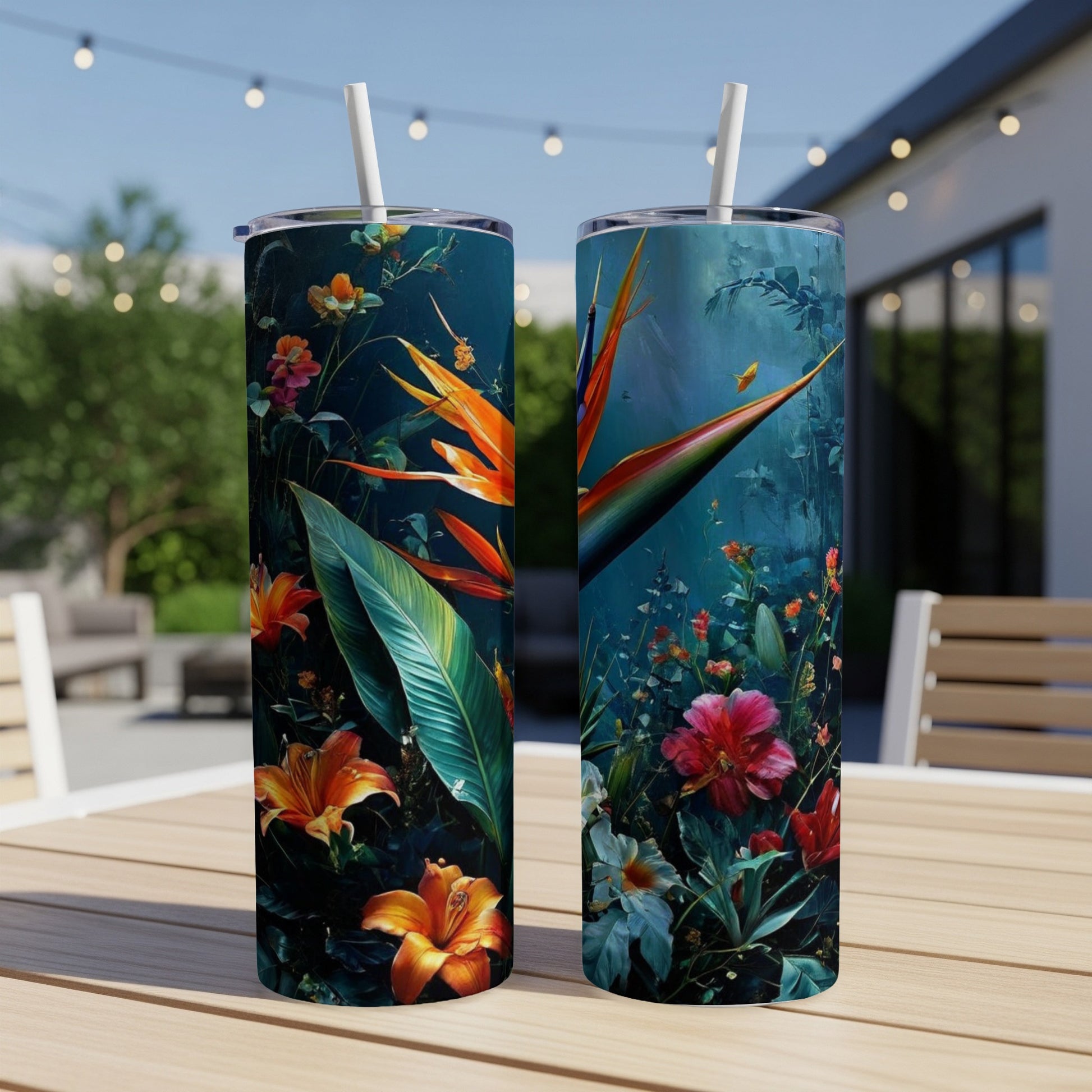 Two tall tumblers with a colorful tropical bird of paradise and floral pattern.