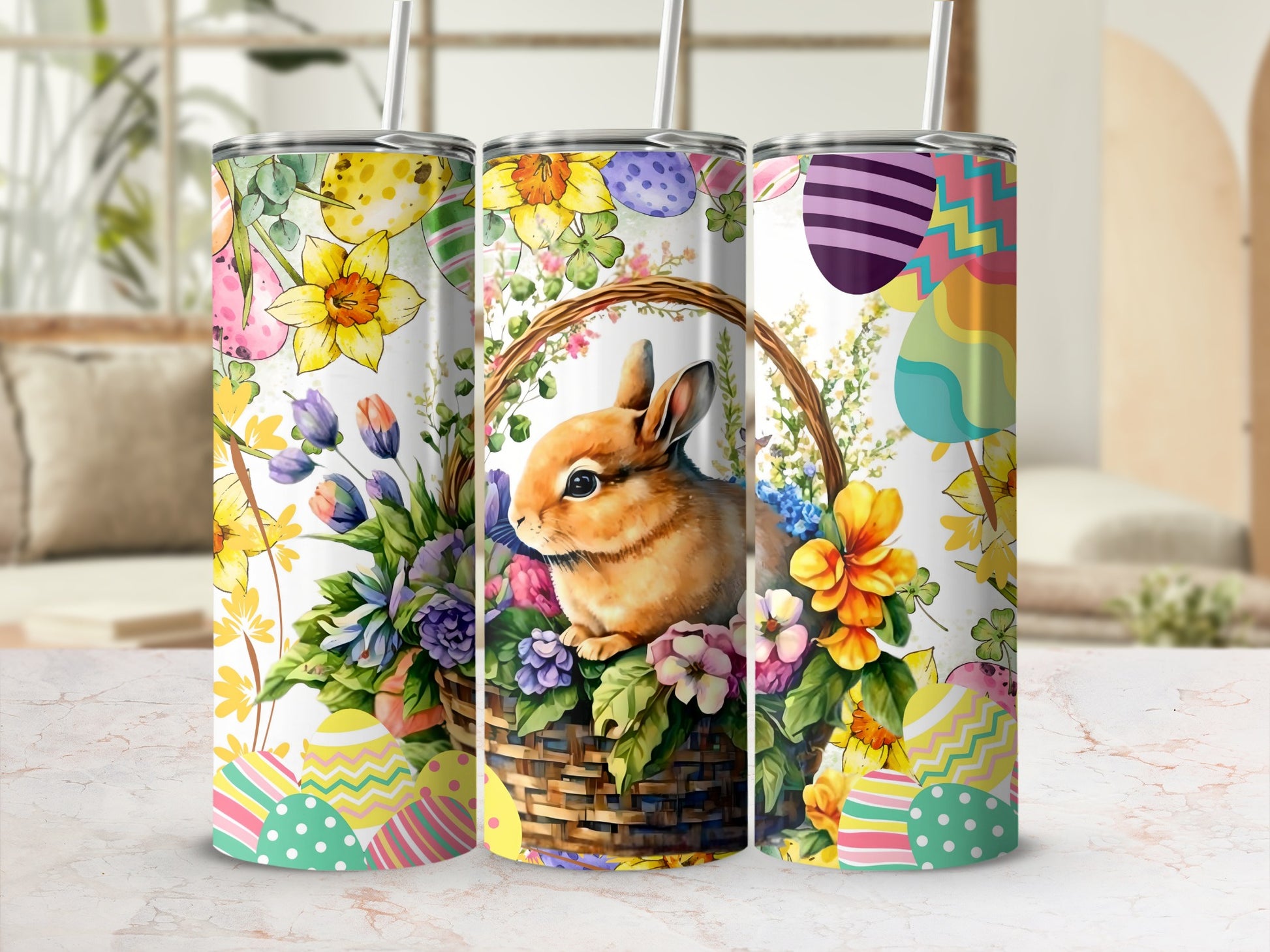 Colorful Easter Rabbit and Flowers Print Tumbler