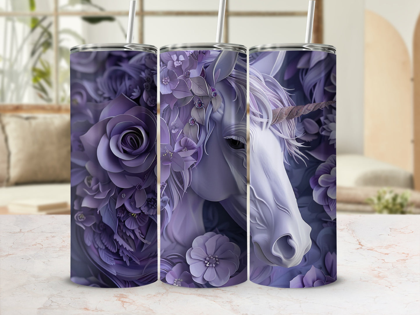 Purple unicorn with floral accents on a tumbler.