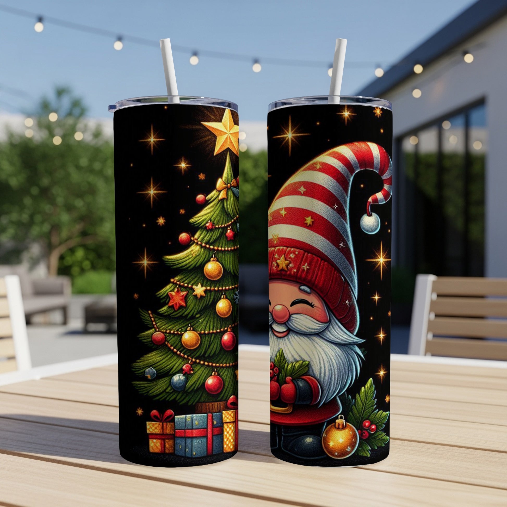 Christmas tree and gnome design on two insulated tumblers.