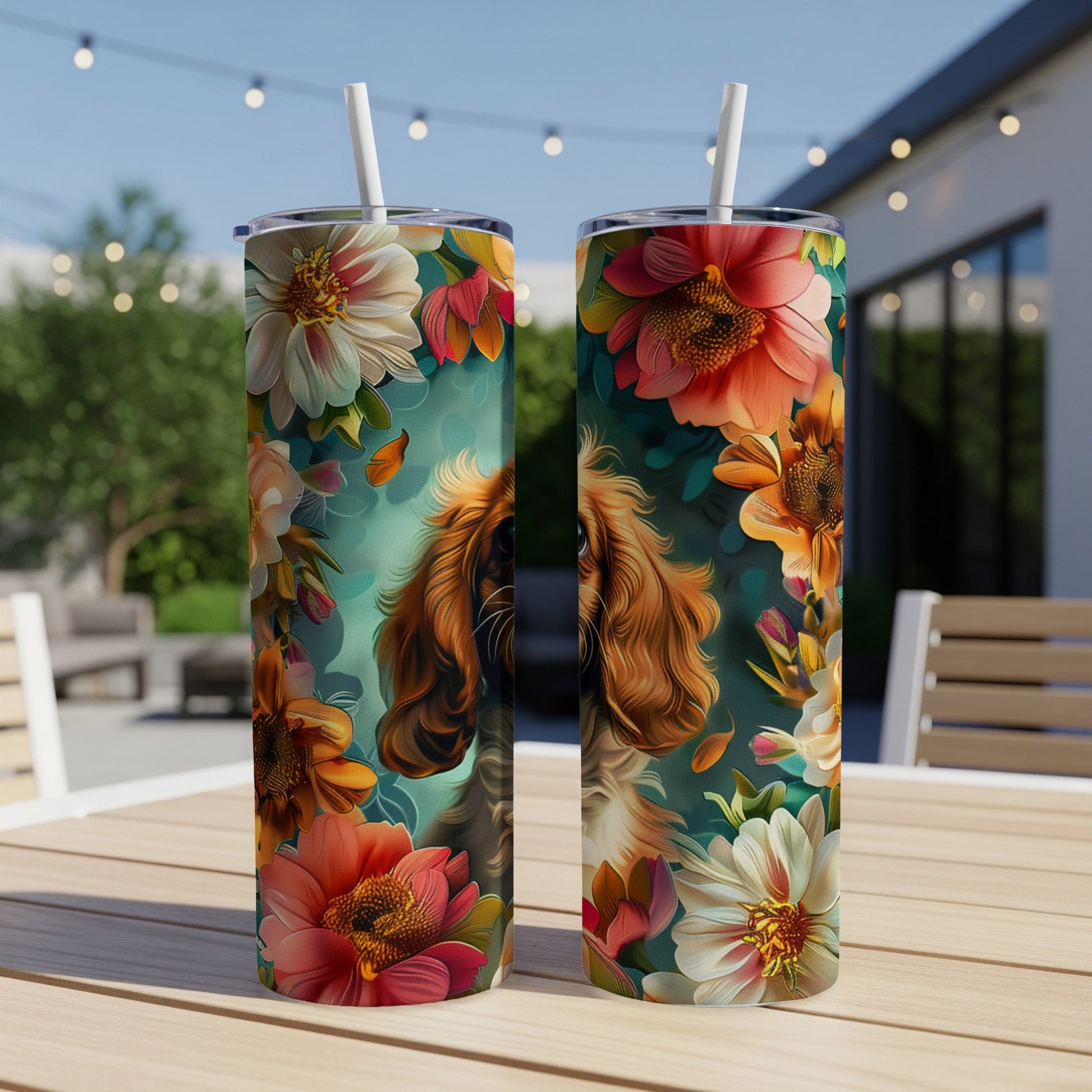 Two tall tumblers featuring a golden retriever with vibrant floral accents.