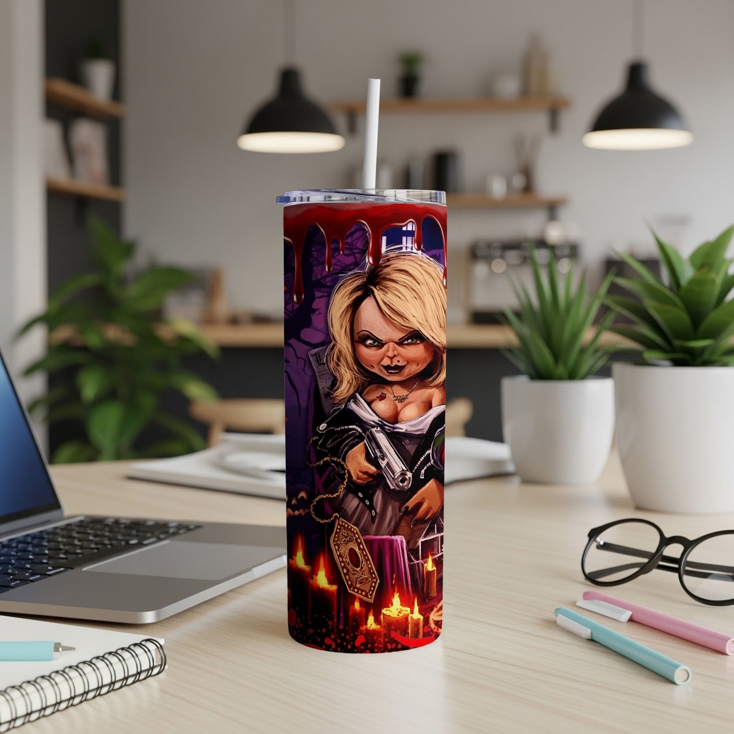 Tumbler featuring Tiffany Valentine from Child's Play with a gun and candles.