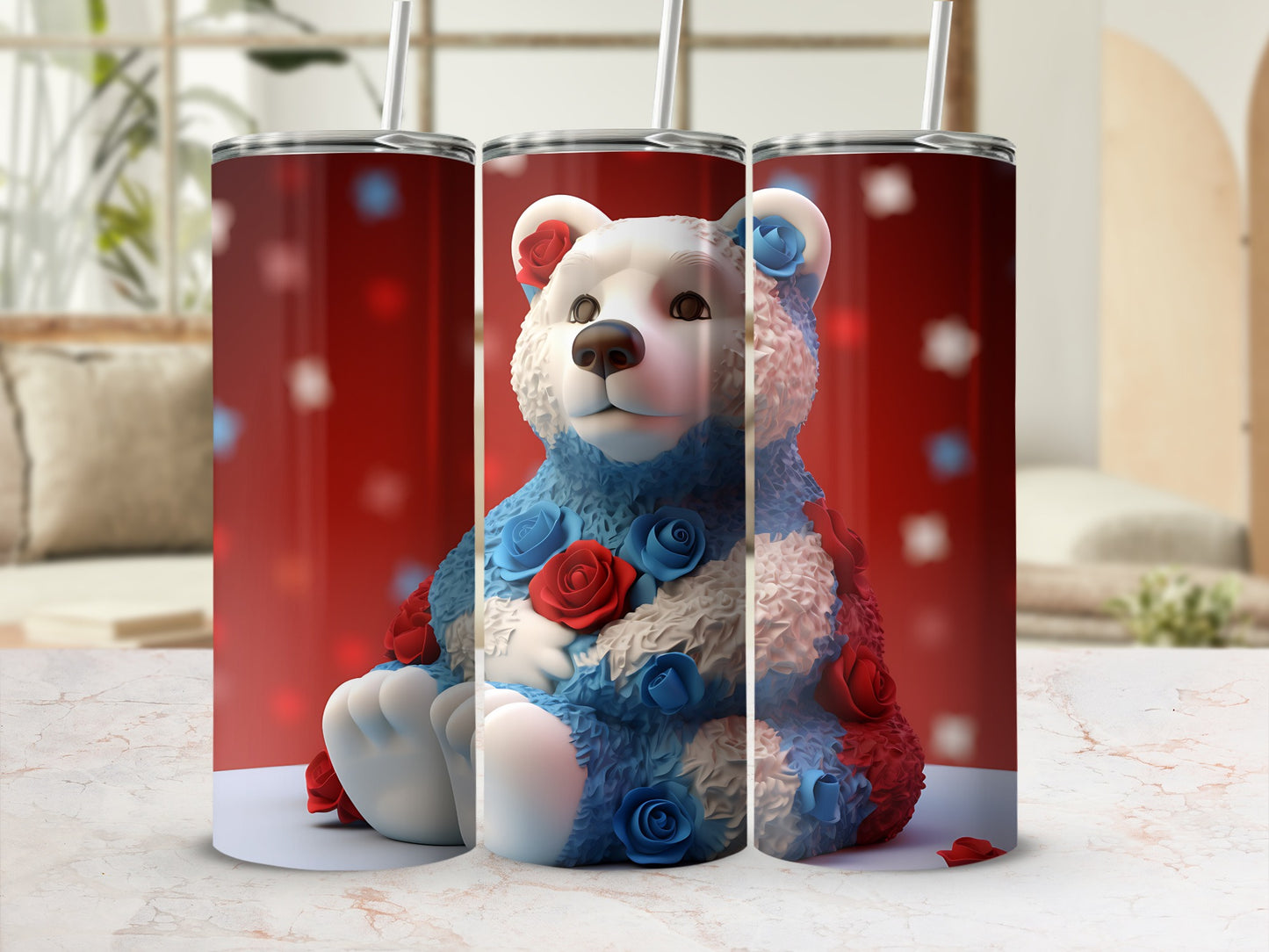 White teddy bear covered in red and blue fabric roses.