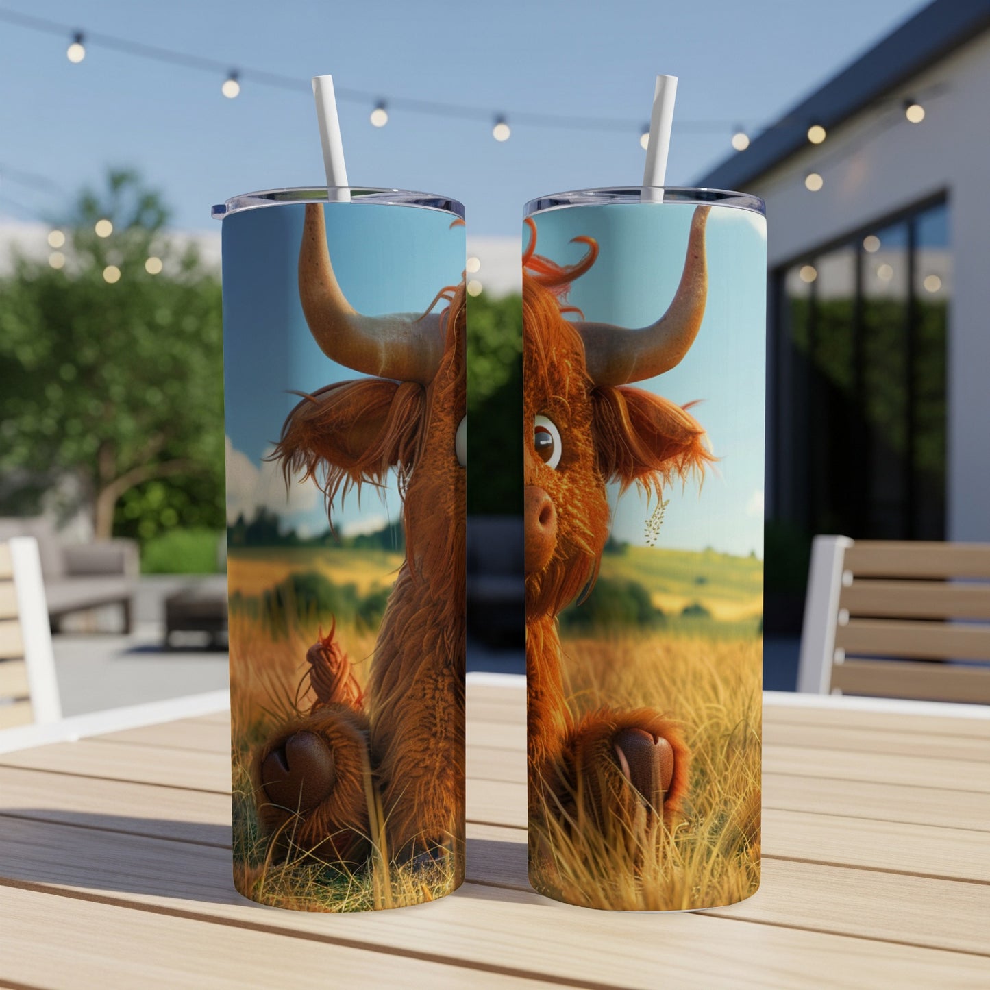 Cute fluffy Highland cow illustration on a tumbler with straws, outdoor background.