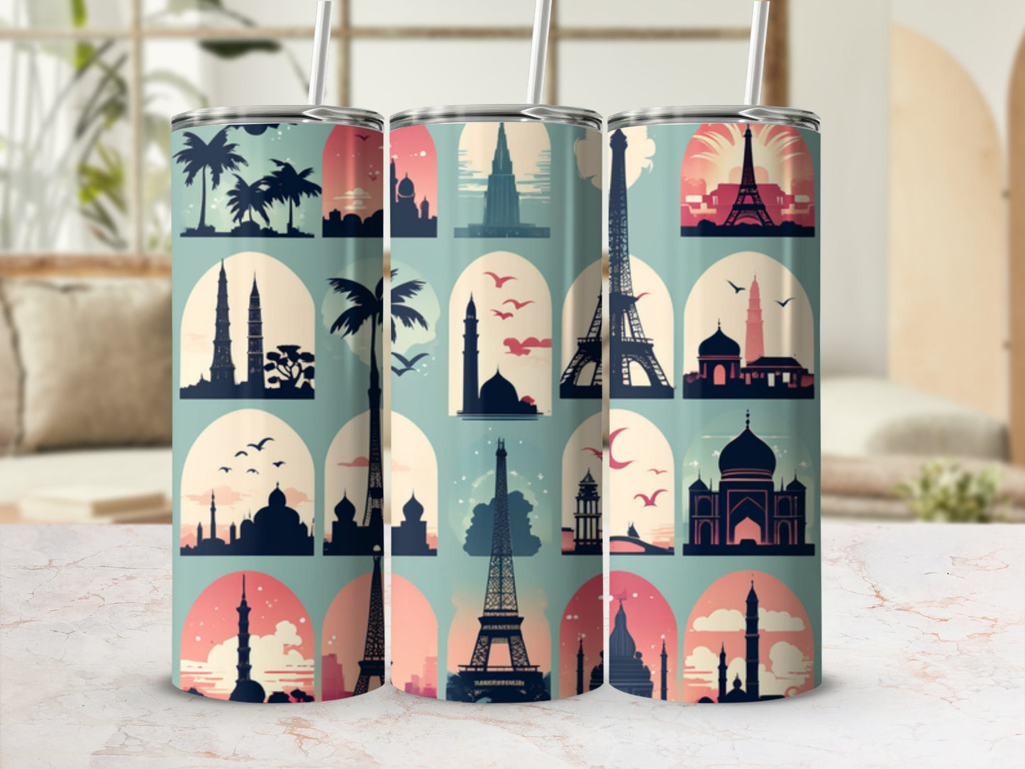 Collage of various landmarks and palm trees on a patterned tumbler.