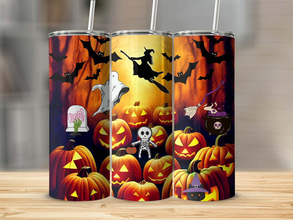 Three tumblers with Halloween theme: bats, pumpkins, ghost, witch, skeleton, and cat.