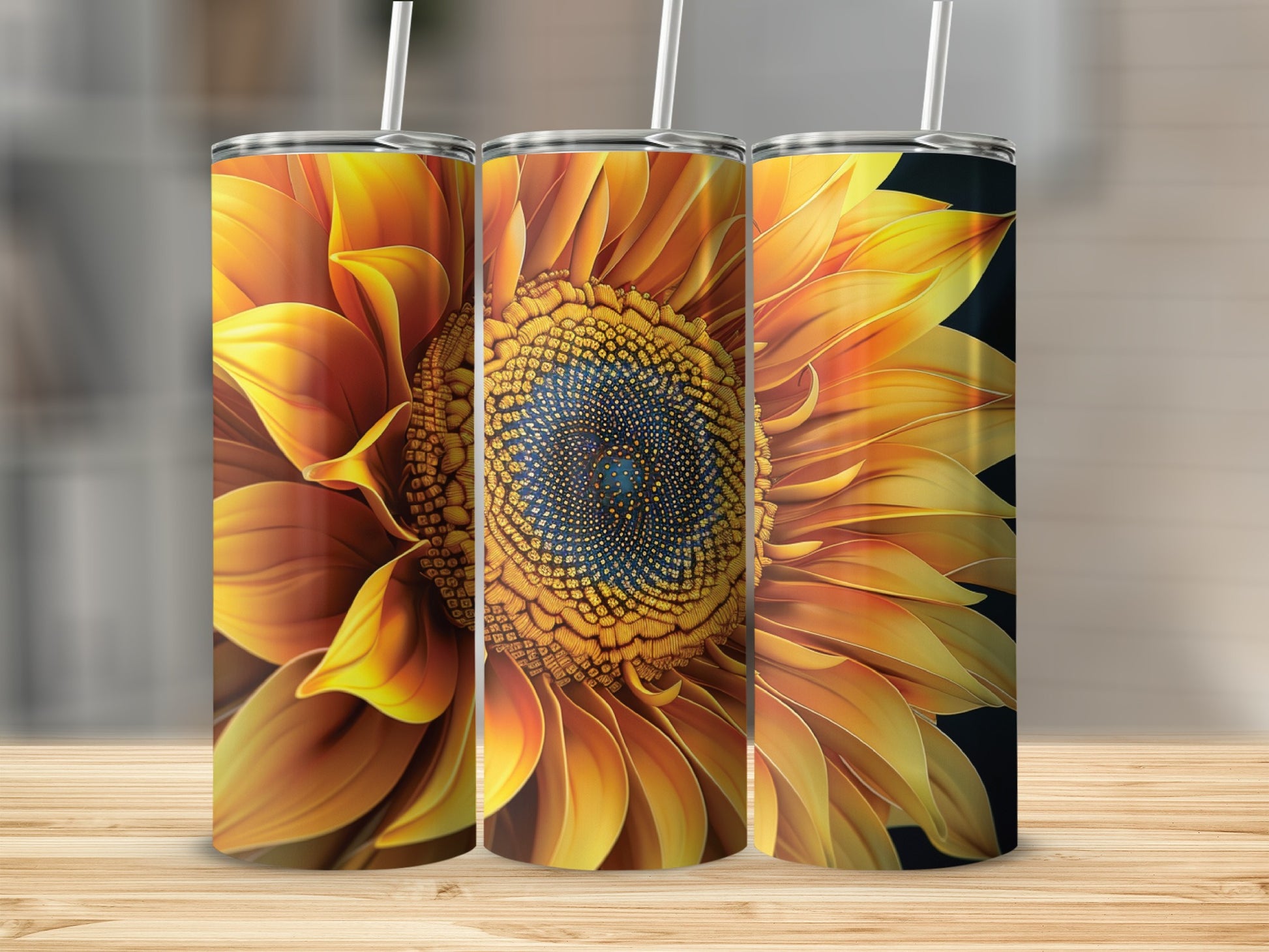 Three tumblers featuring a close-up sunflower design.