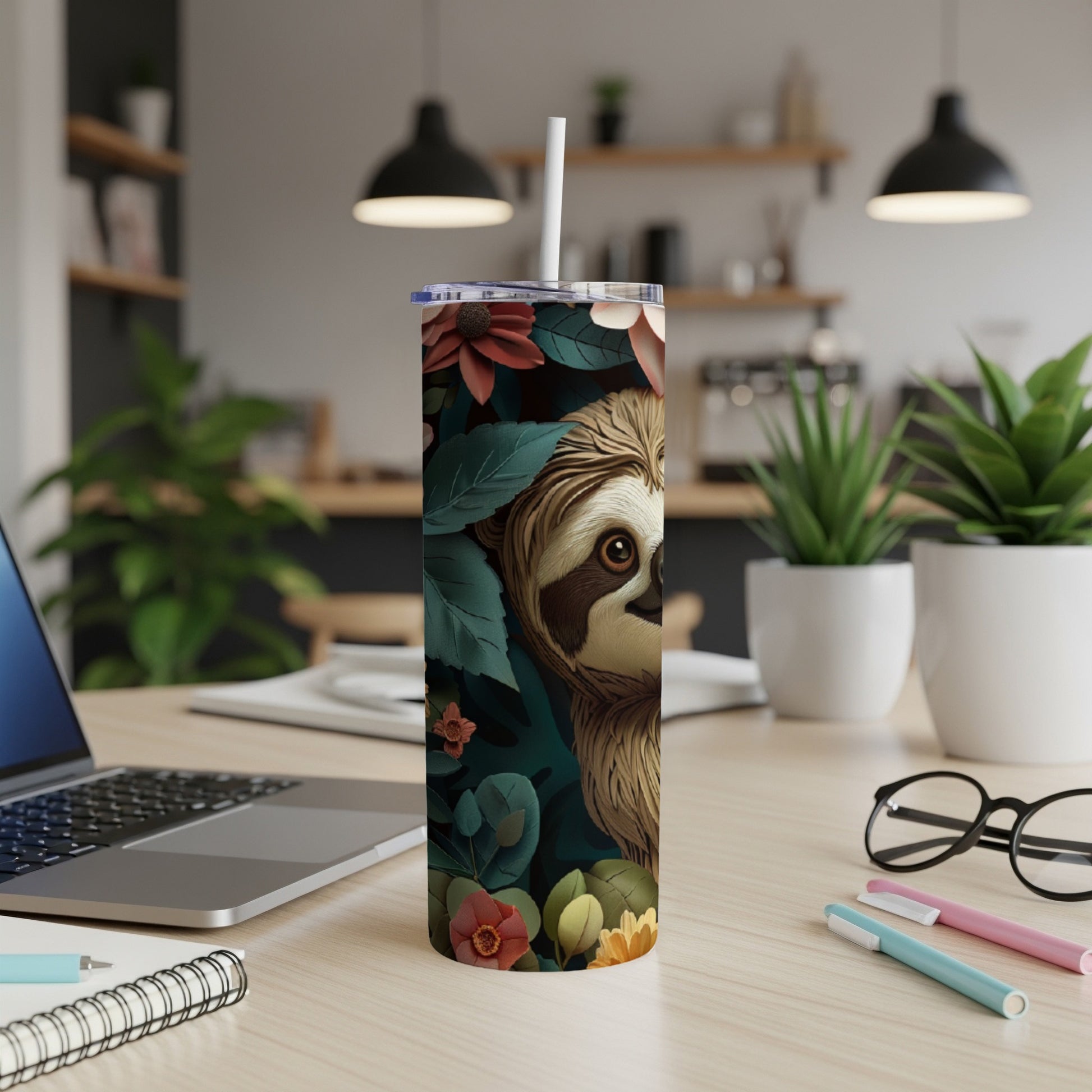 Sloth face peeking through tropical leaves and flowers on a tumbler.