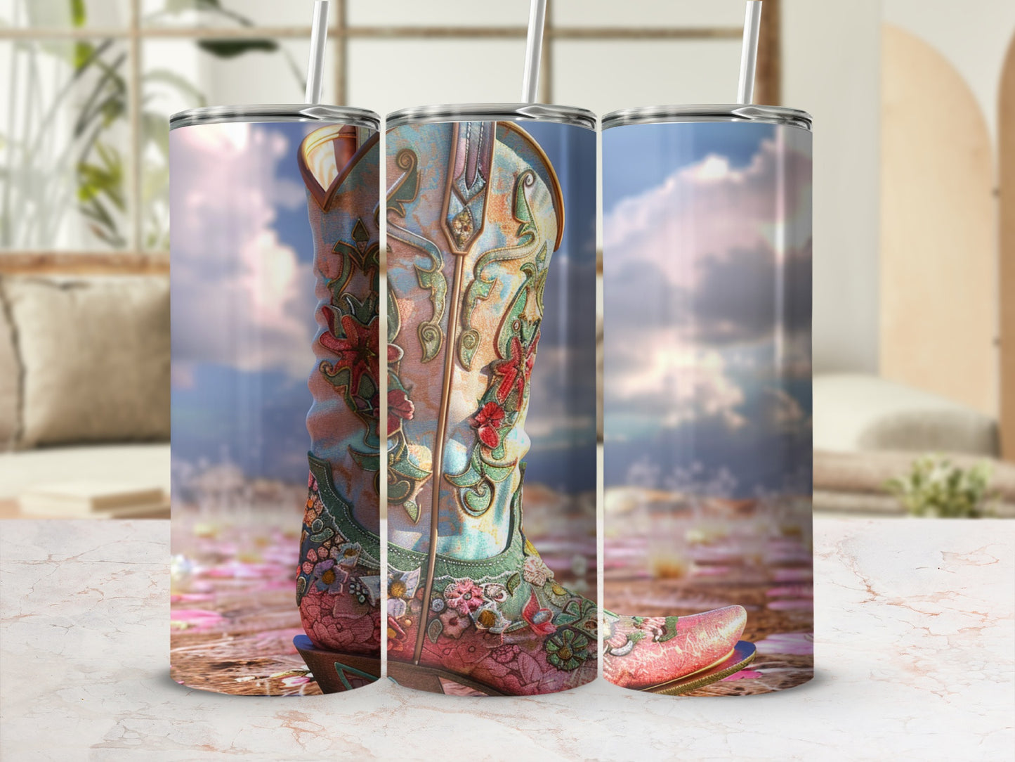 Tall tumbler with a colorful, detailed cowboy boot design.